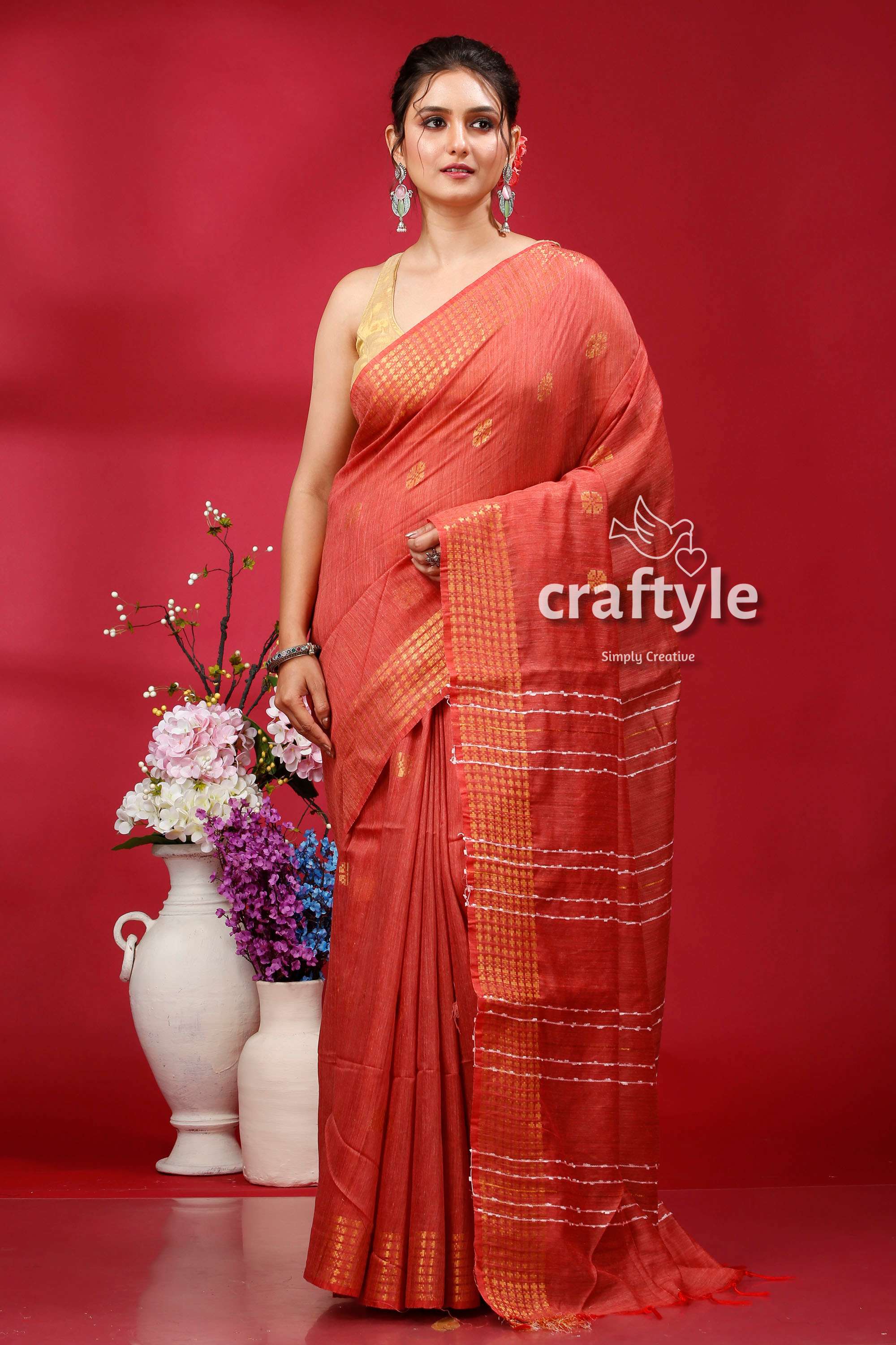 On sale Brick Red Bhagalpur silk handloom saree