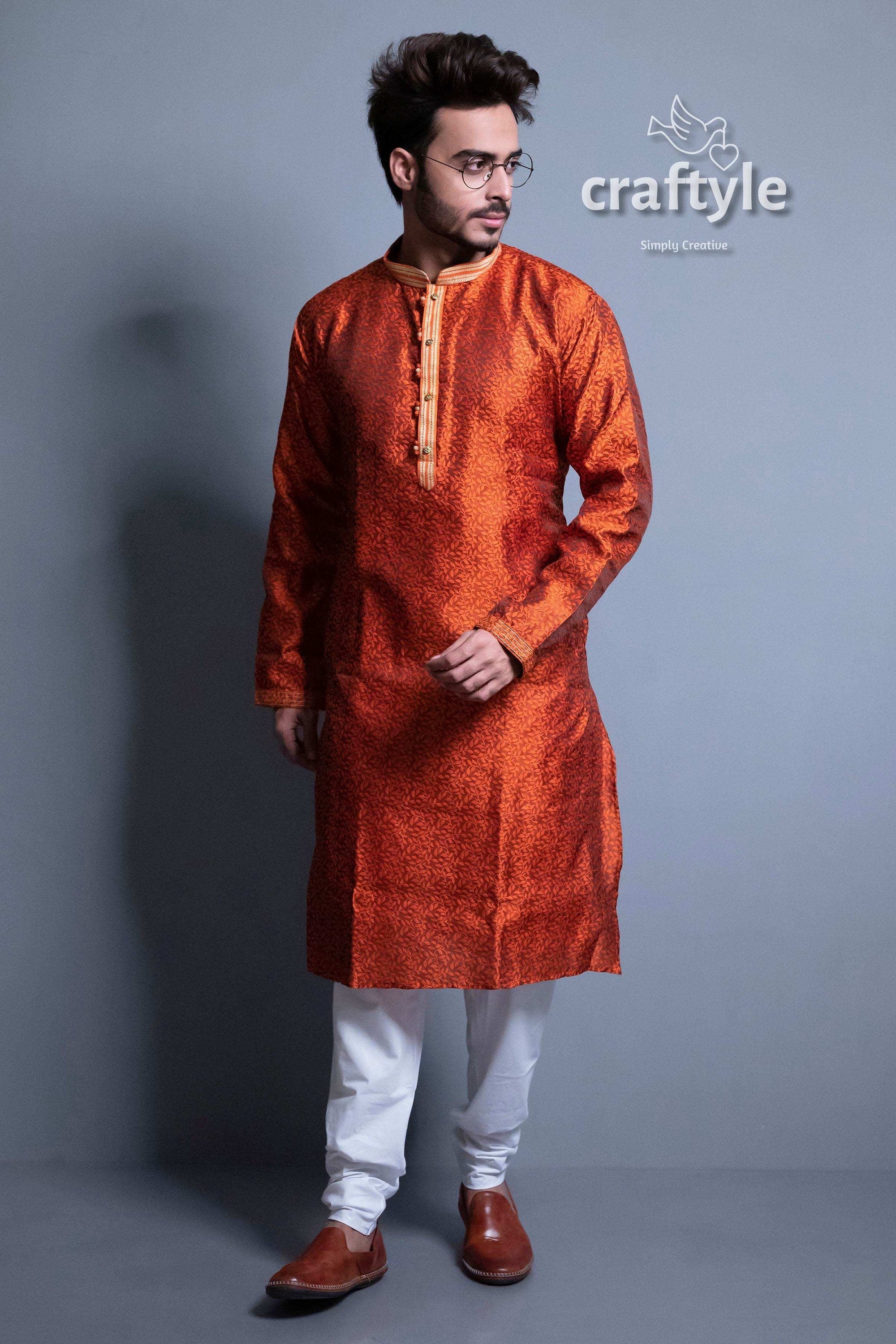 Dark Orange Self Design Embroidery Work Mens Kurta Craftyle