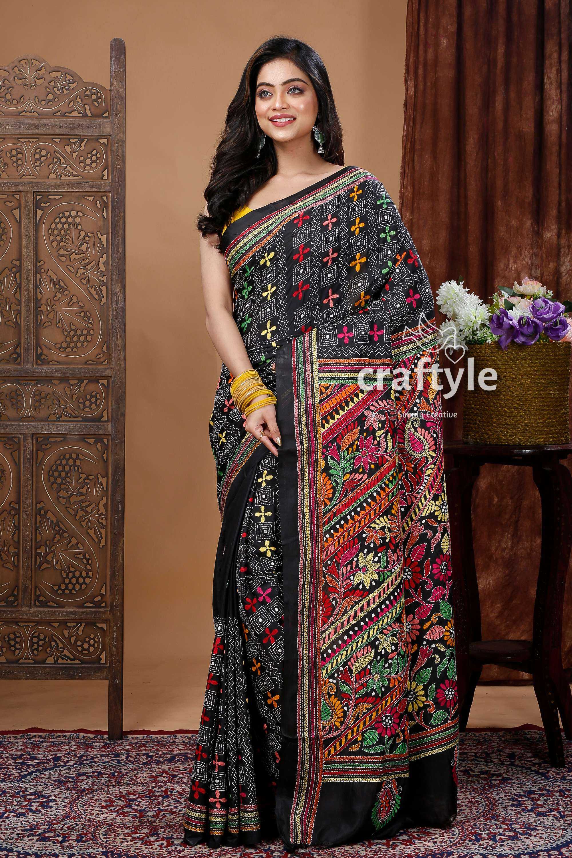 Extraordinary Hand Stiched Kantha Saree, Black Bangalore Silk with Multi color Kantha shops Works and running blouse piece, Elegant, Classy Saree