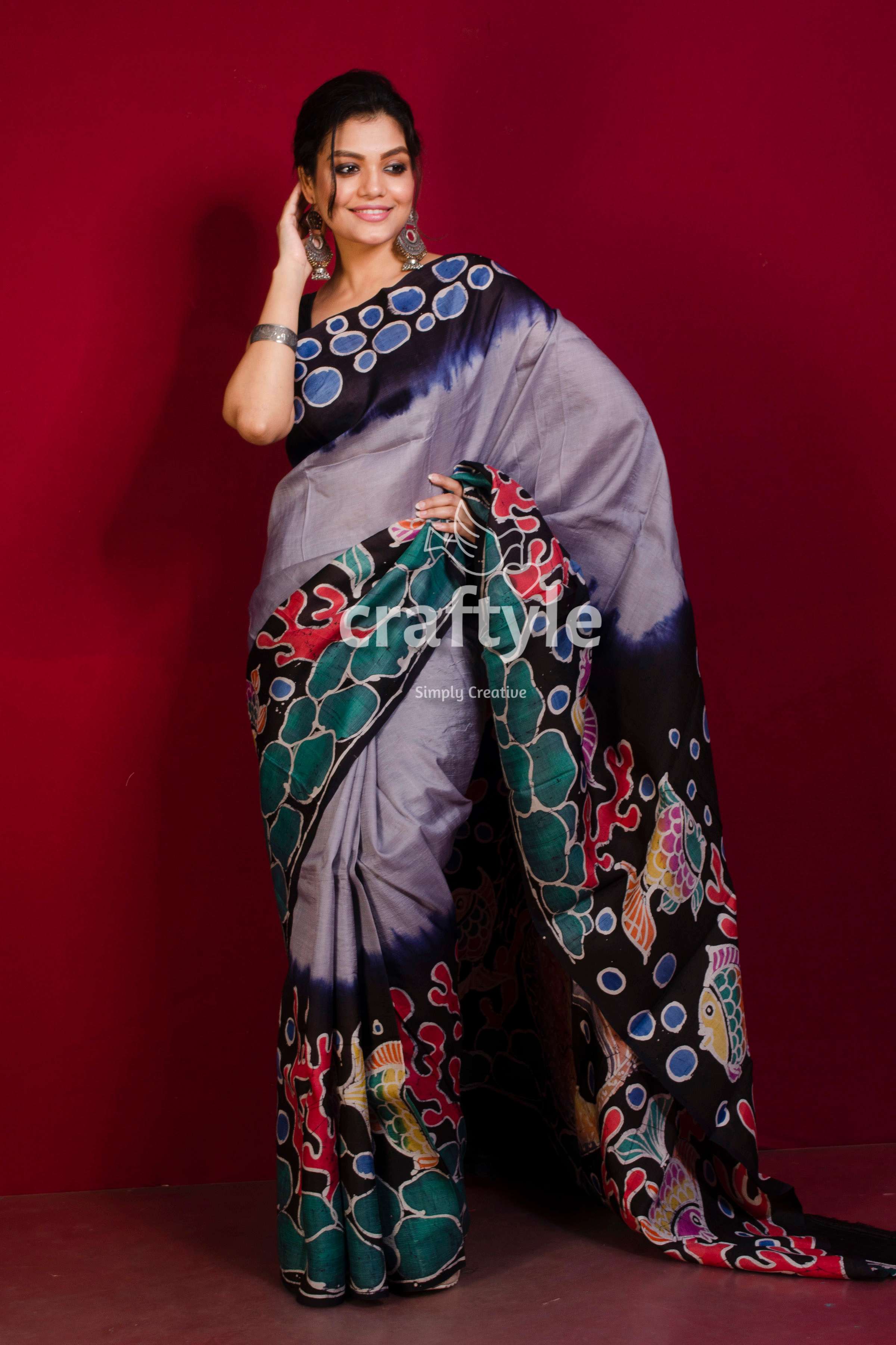 Periwinkle Blue Matsya Kanya Handpainted Batik Pure Mulberry Silk Saree