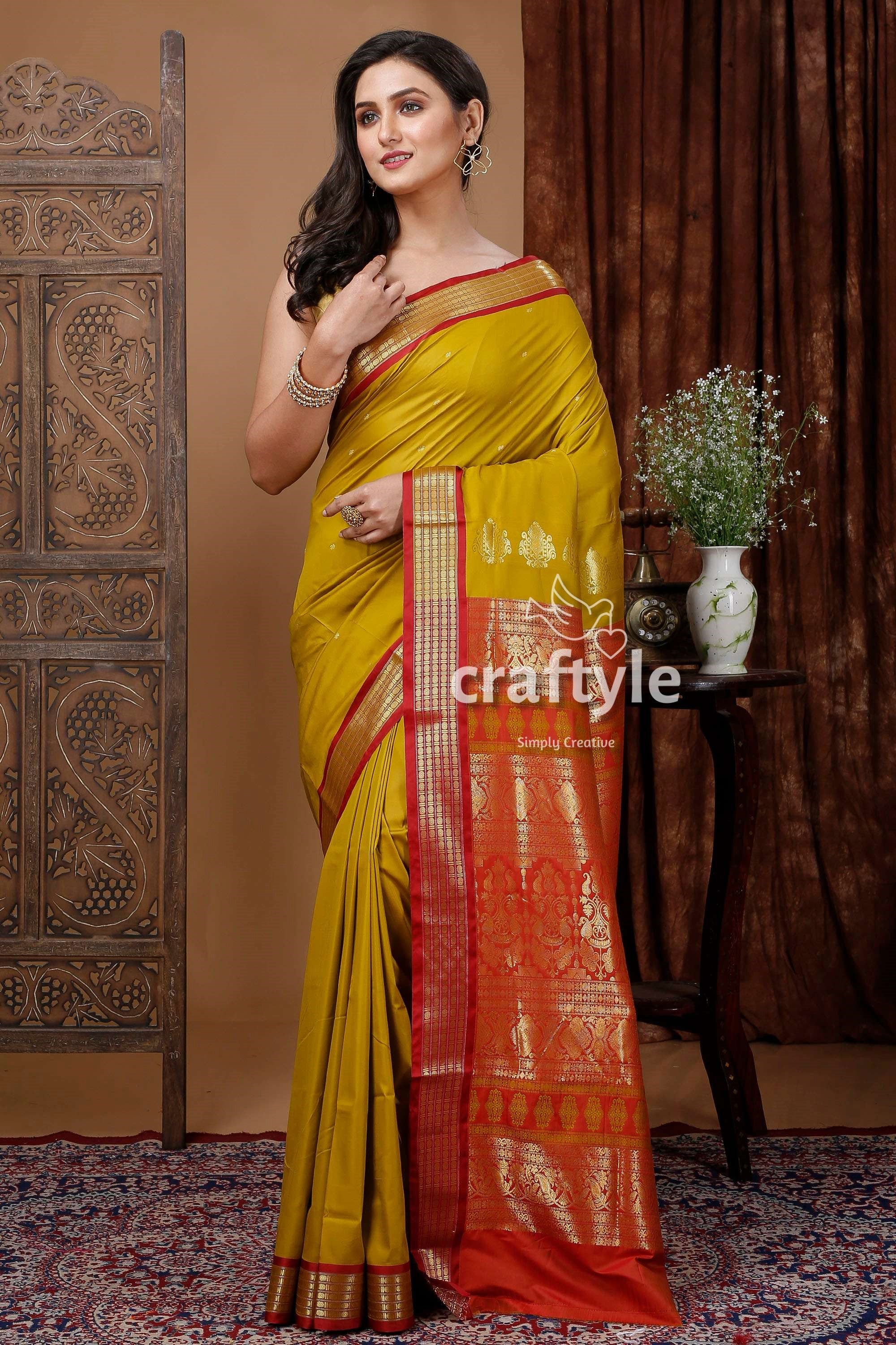 Traditional Corn Yellow Bomkai Silk Saree with Zari Border