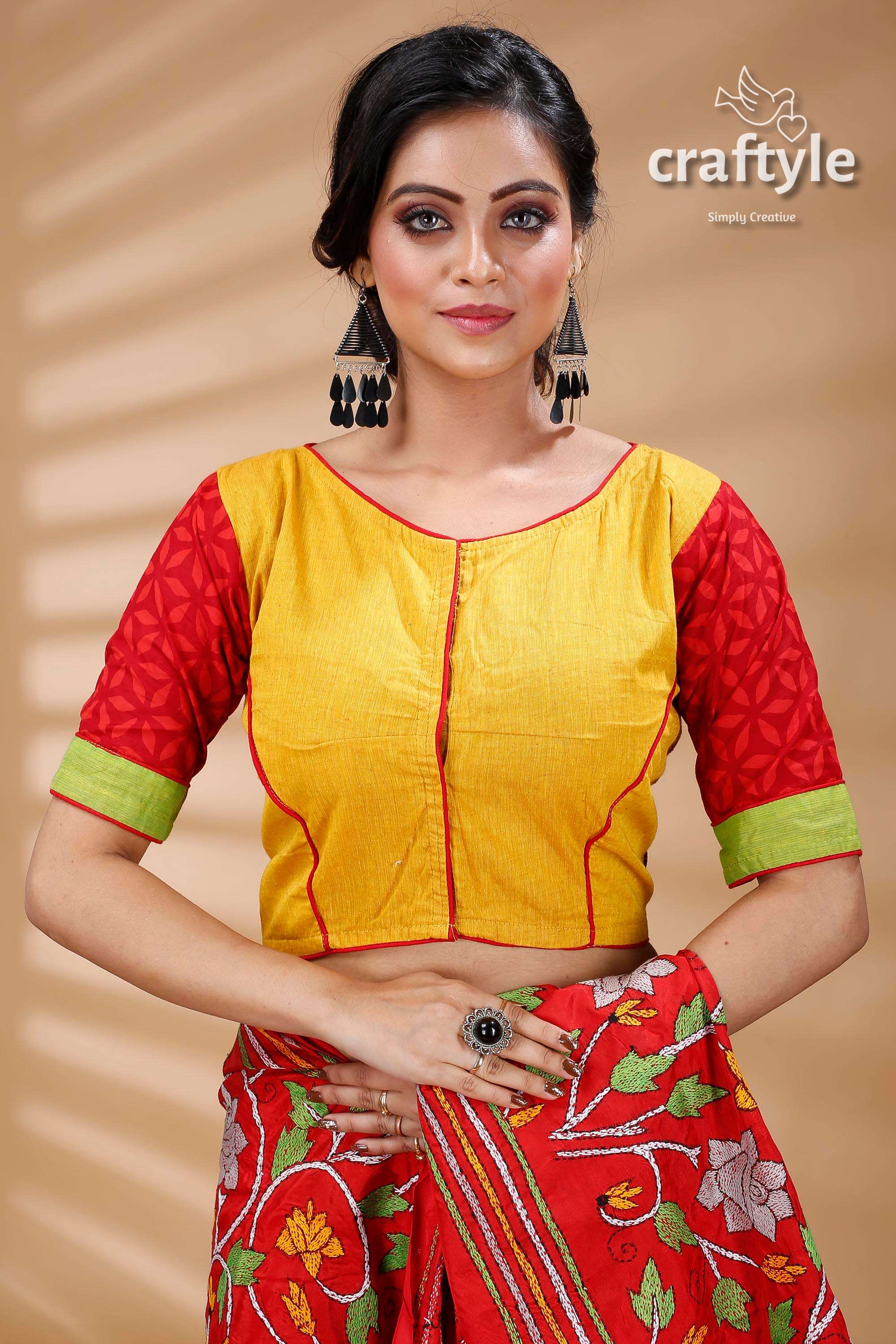 Yellow Red Kantha Patchwork Designer Cotton Blouse