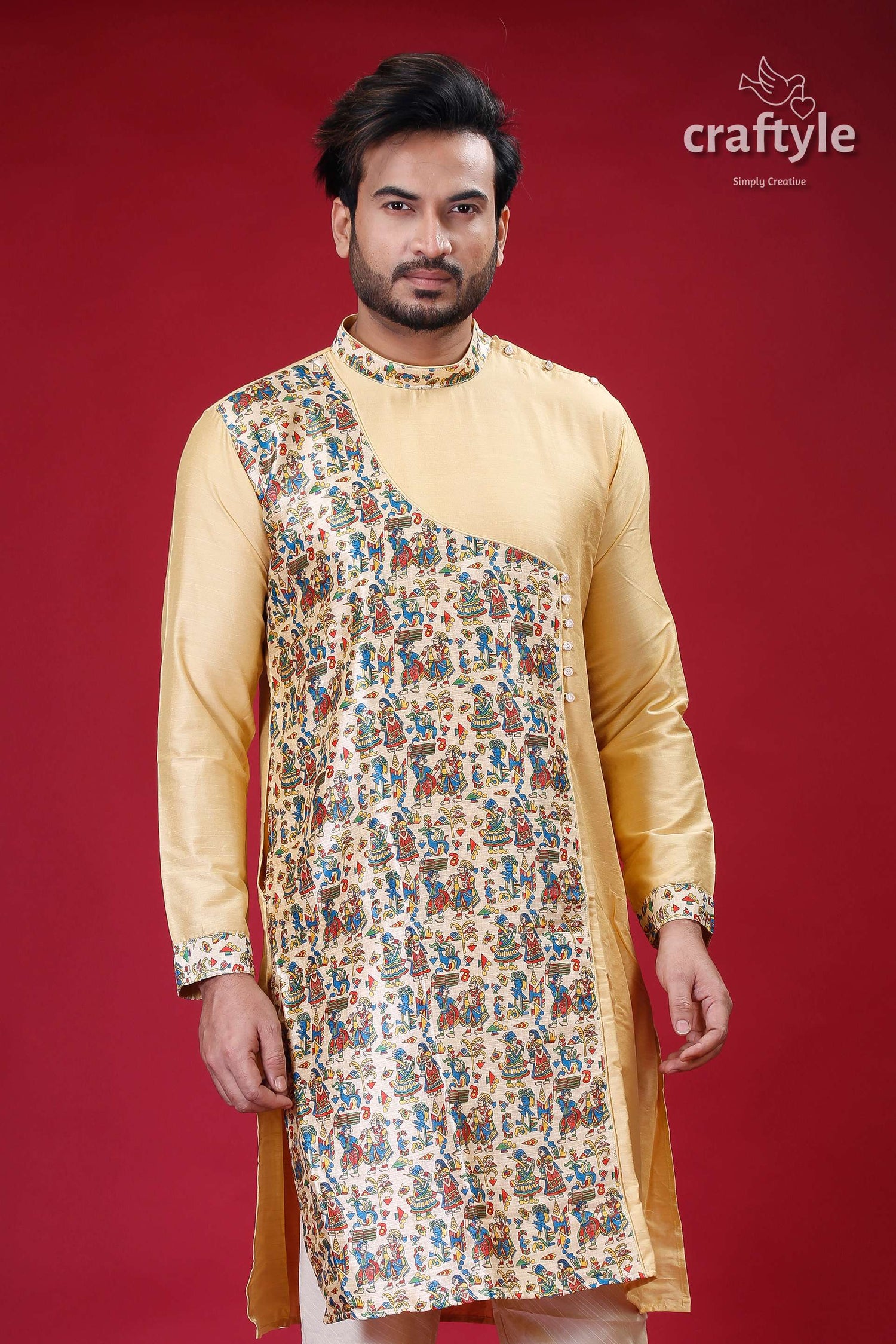 a man standing in front of a red background