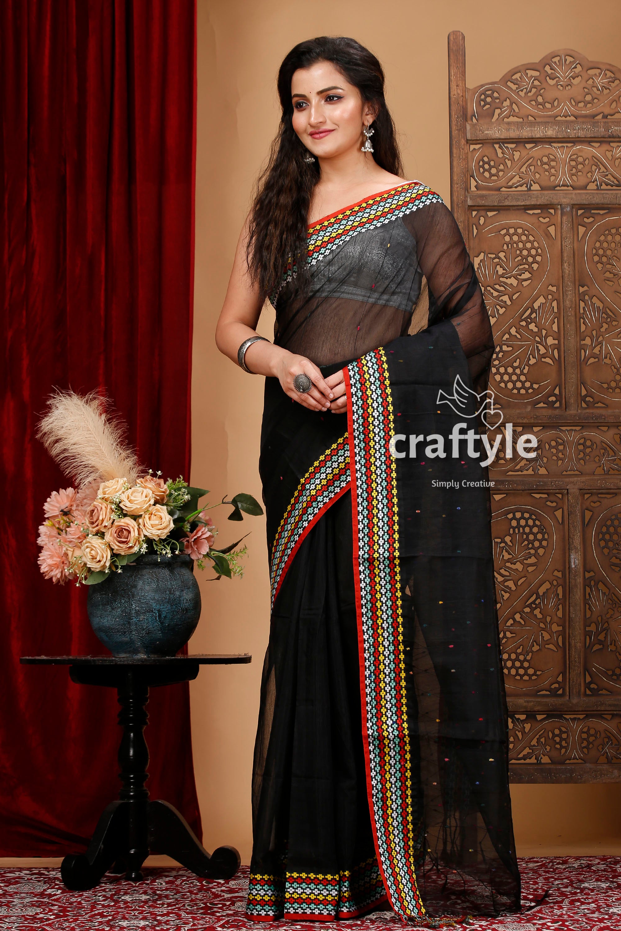 Jade Black Handloom Bengal Cotton Saree with Woven Border