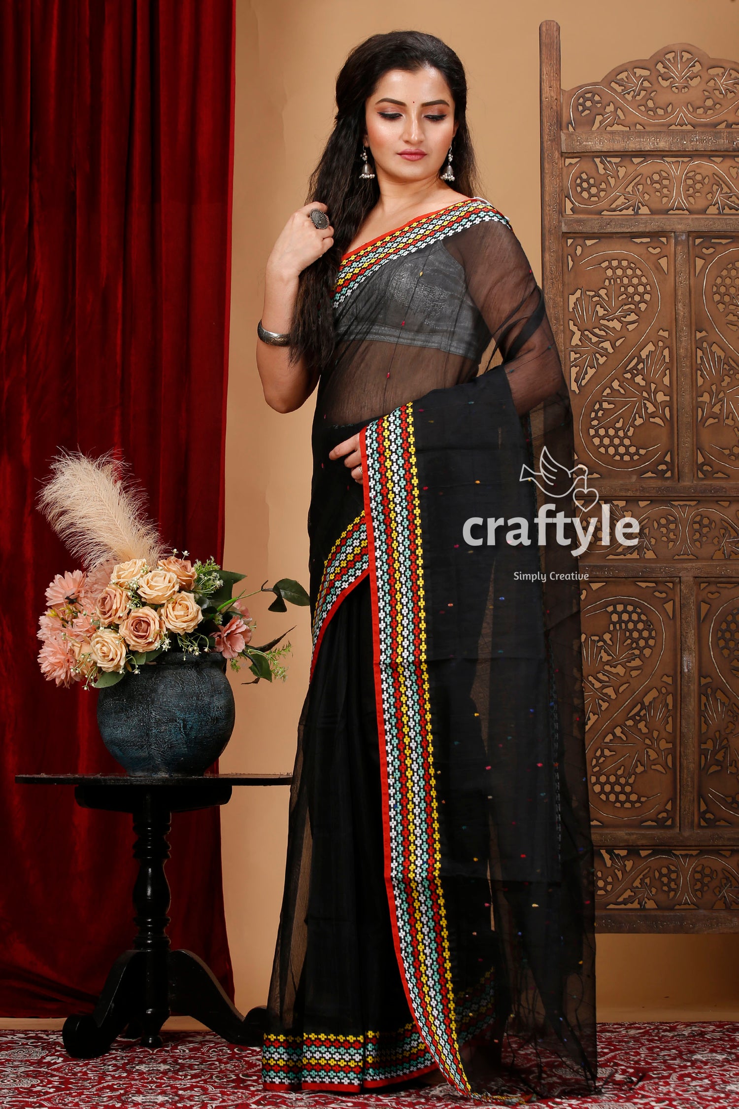 Jade Black Handloom Bengal Cotton Saree with Woven Border