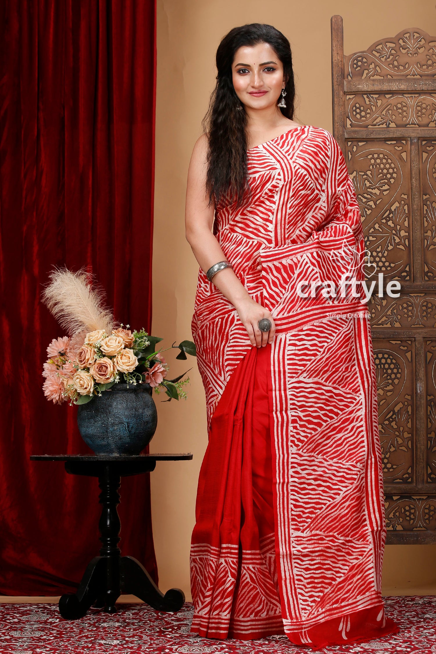 Red White Soru Tuli Hand Wax Batik Pure Mulberry Silk Saree