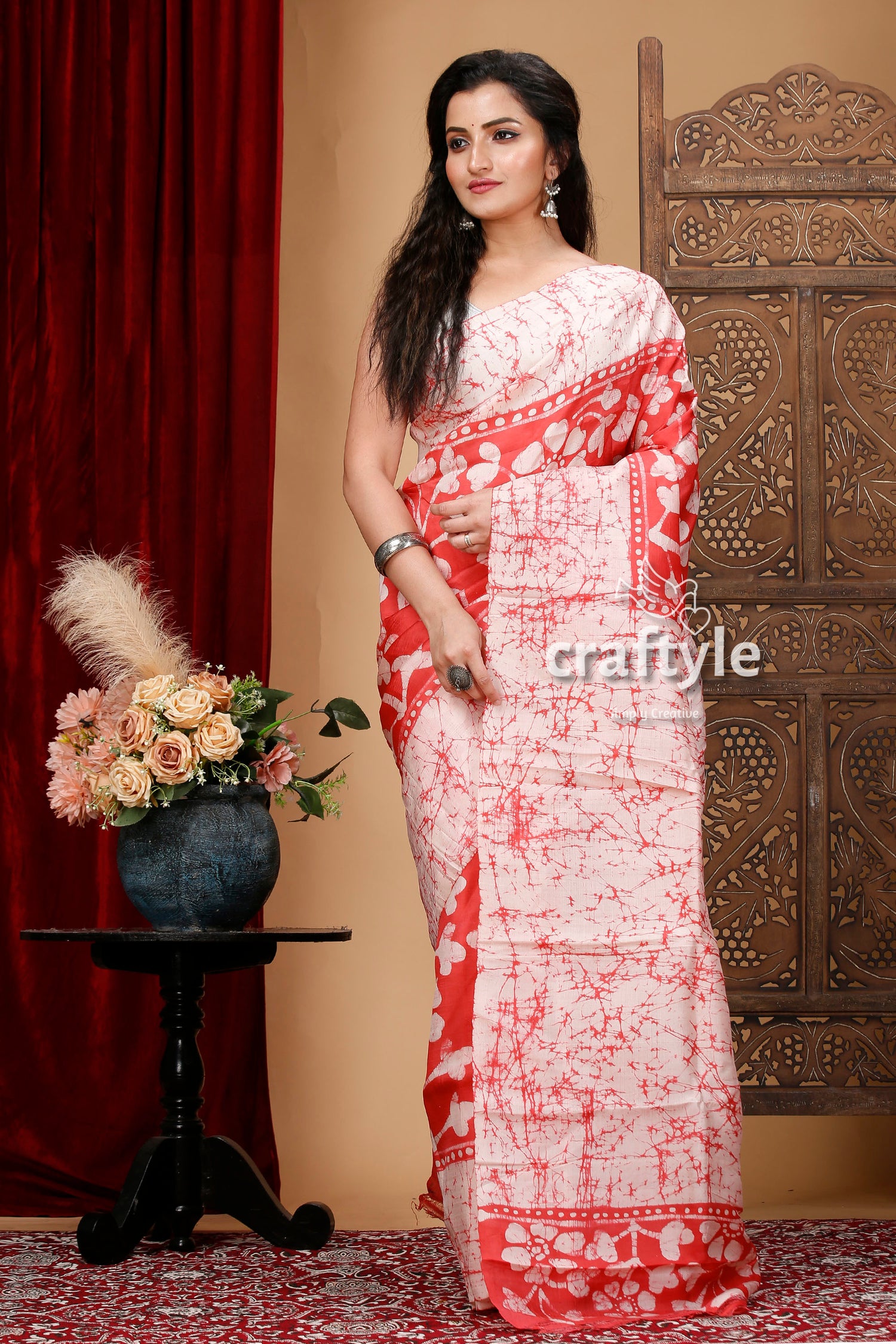 Brick Red and White Hand Batik Pure Mulberry Silk Saree