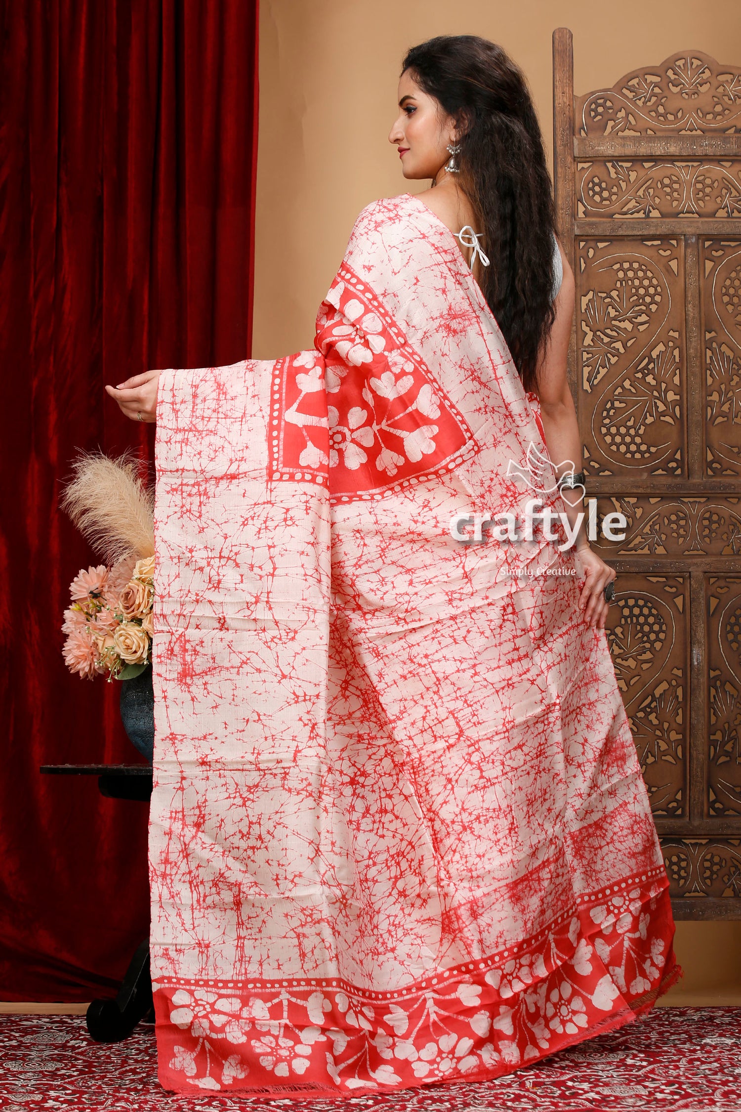 Brick Red and White Hand Batik Pure Mulberry Silk Saree