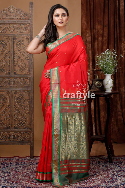 Lava Red and Green Zari Border Bomkai Silk Saree