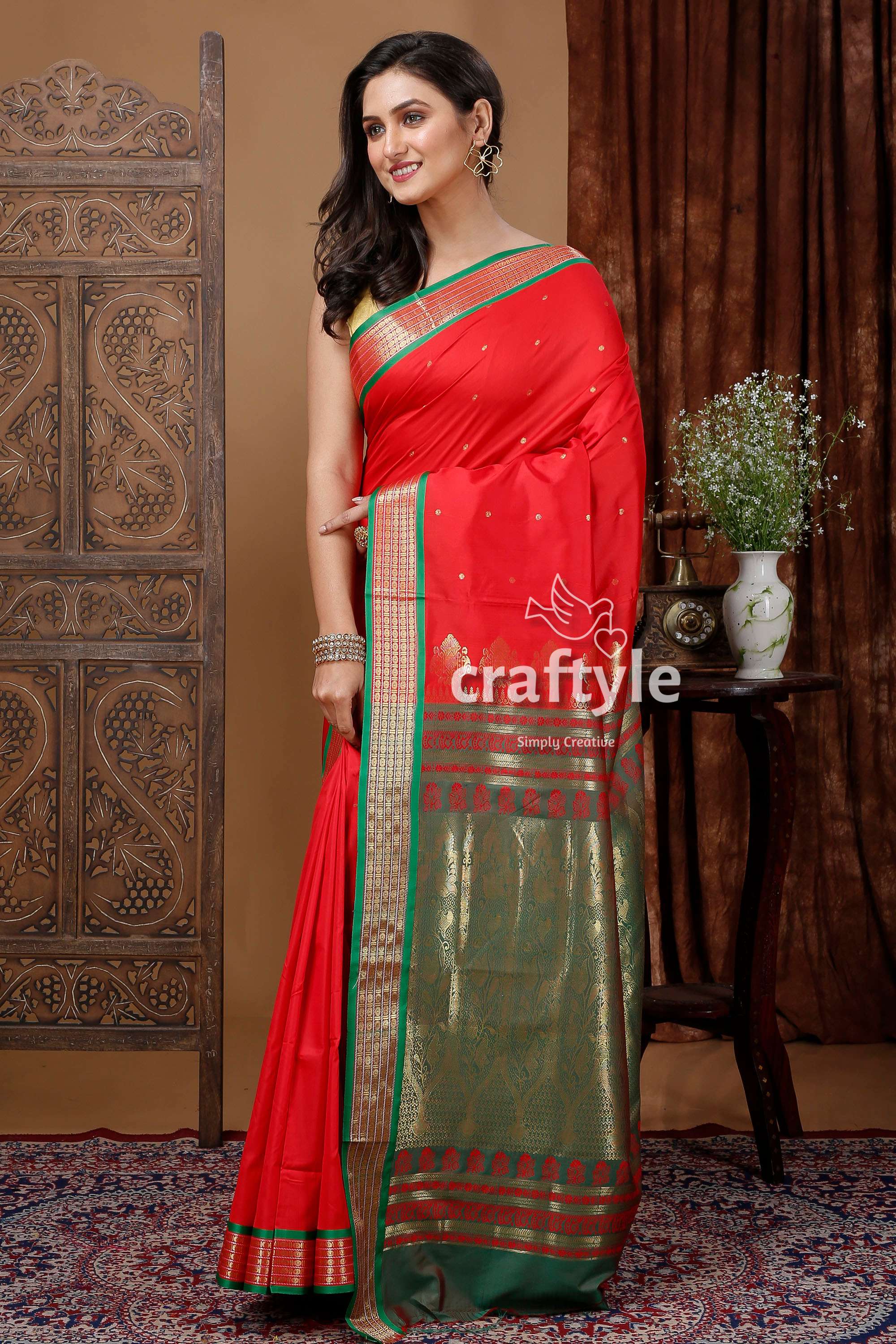 Lava Red and Green Zari Border Bomkai Silk Saree