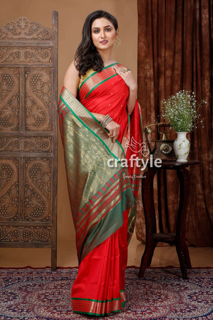 Lava Red and Green Zari Border Bomkai Silk Saree