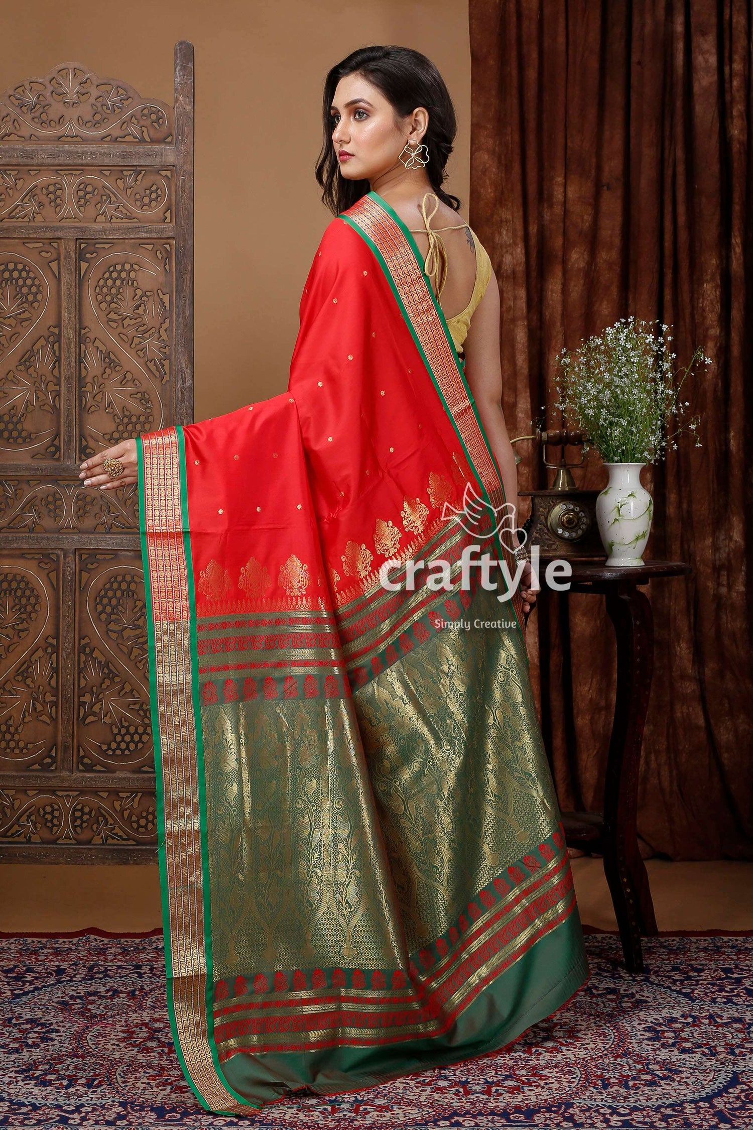 Lava Red and Green Zari Border Bomkai Silk Saree