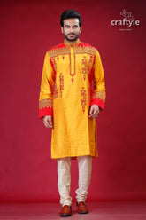 a man wearing a yellow and red outfit