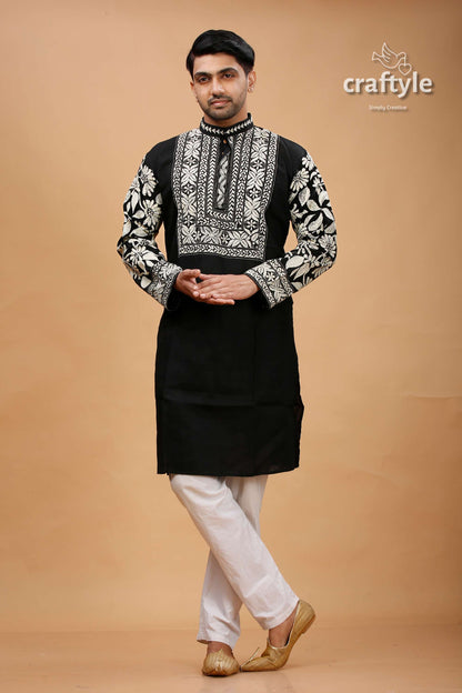 Cream-White and black Kantha Stitch Cotton Mens Kurta - Craftyle