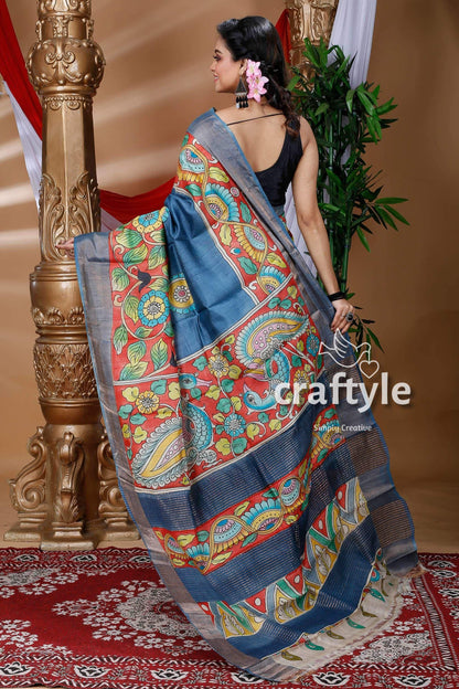 Aegean Blue Hand Painted Zari Border Pure Tussar Kalamkari Sari - Craftyle