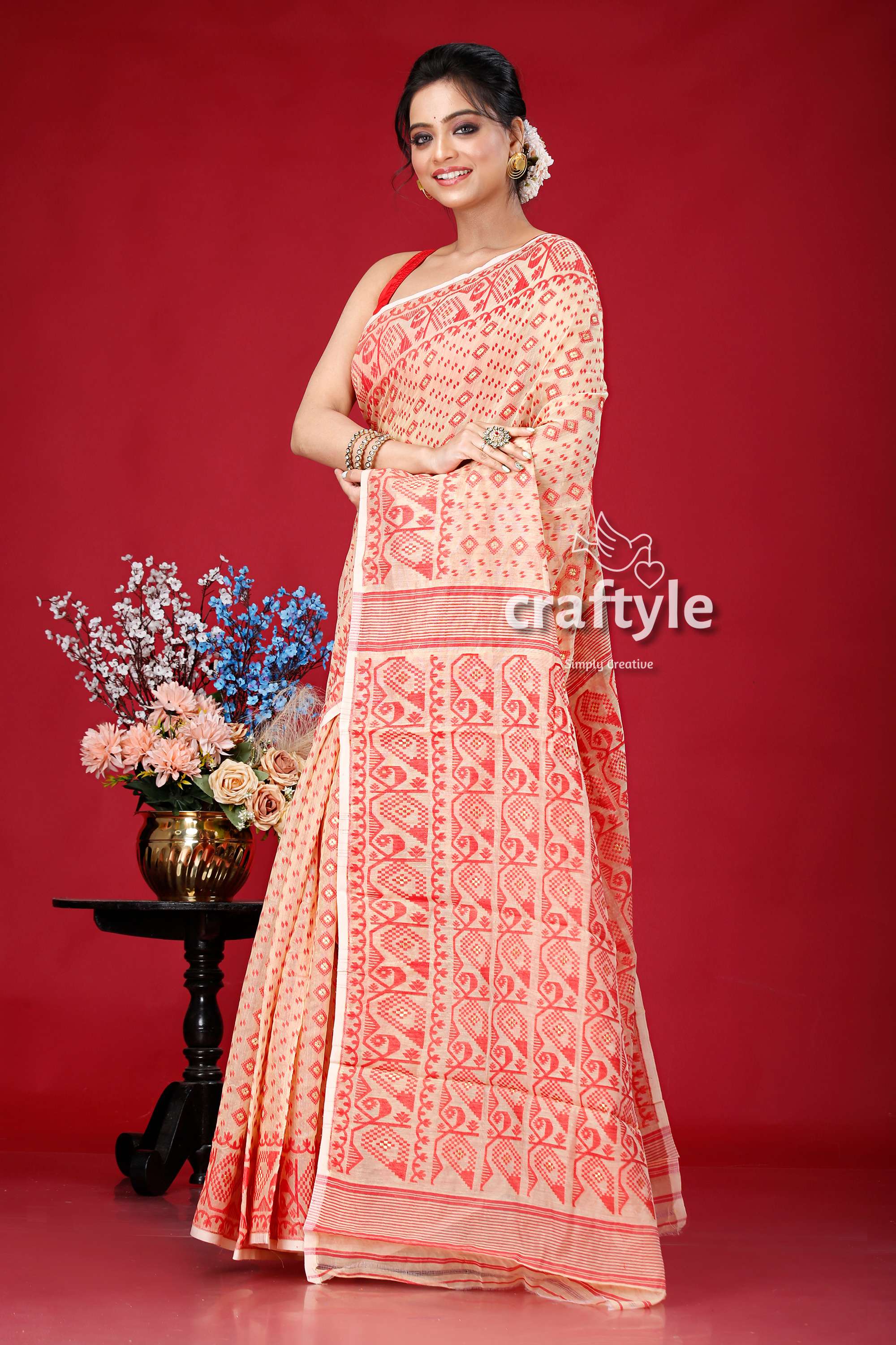 Almond Red Traditional Jamdani Saree - Craftyle