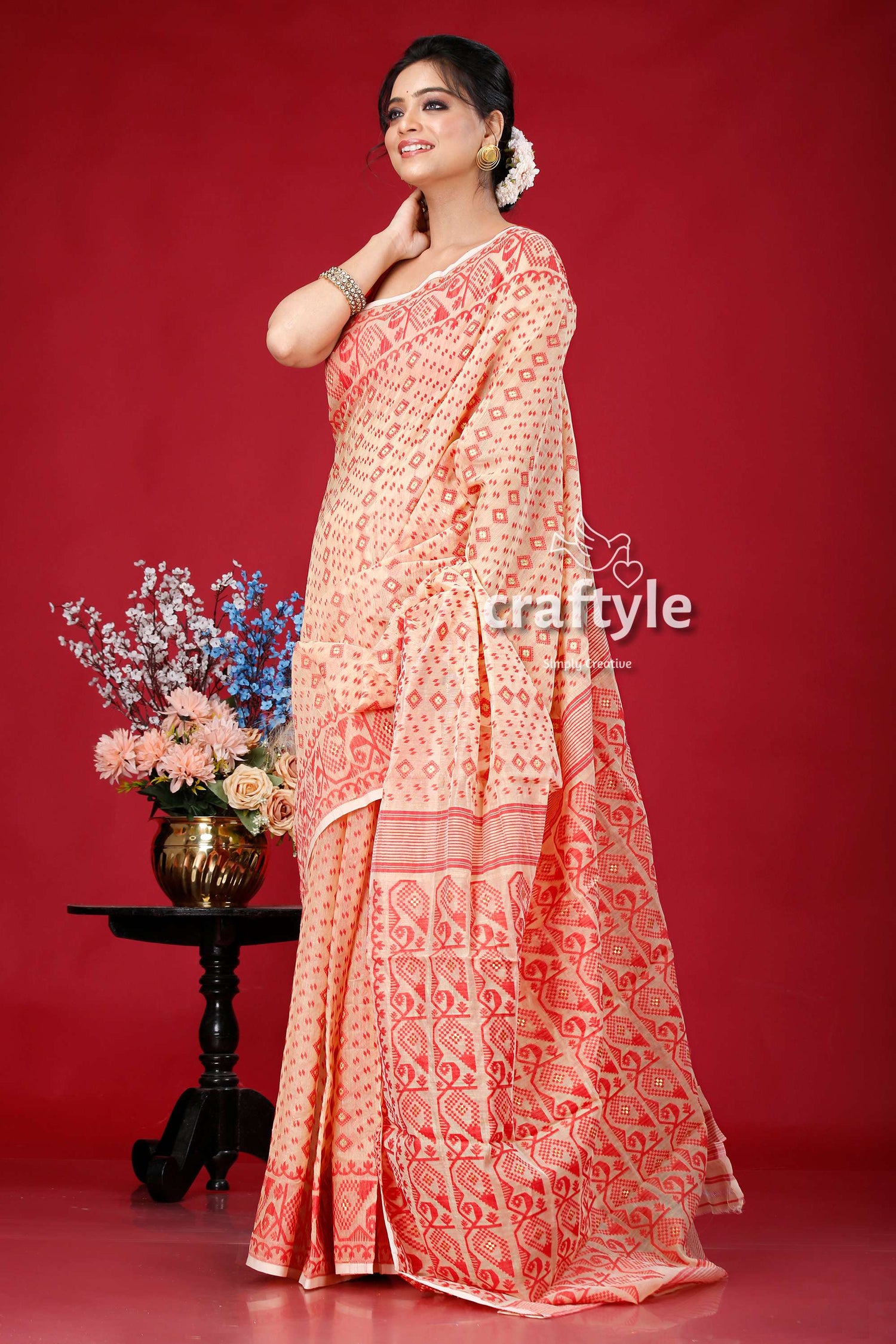 Almond Red Traditional Jamdani Saree - Craftyle