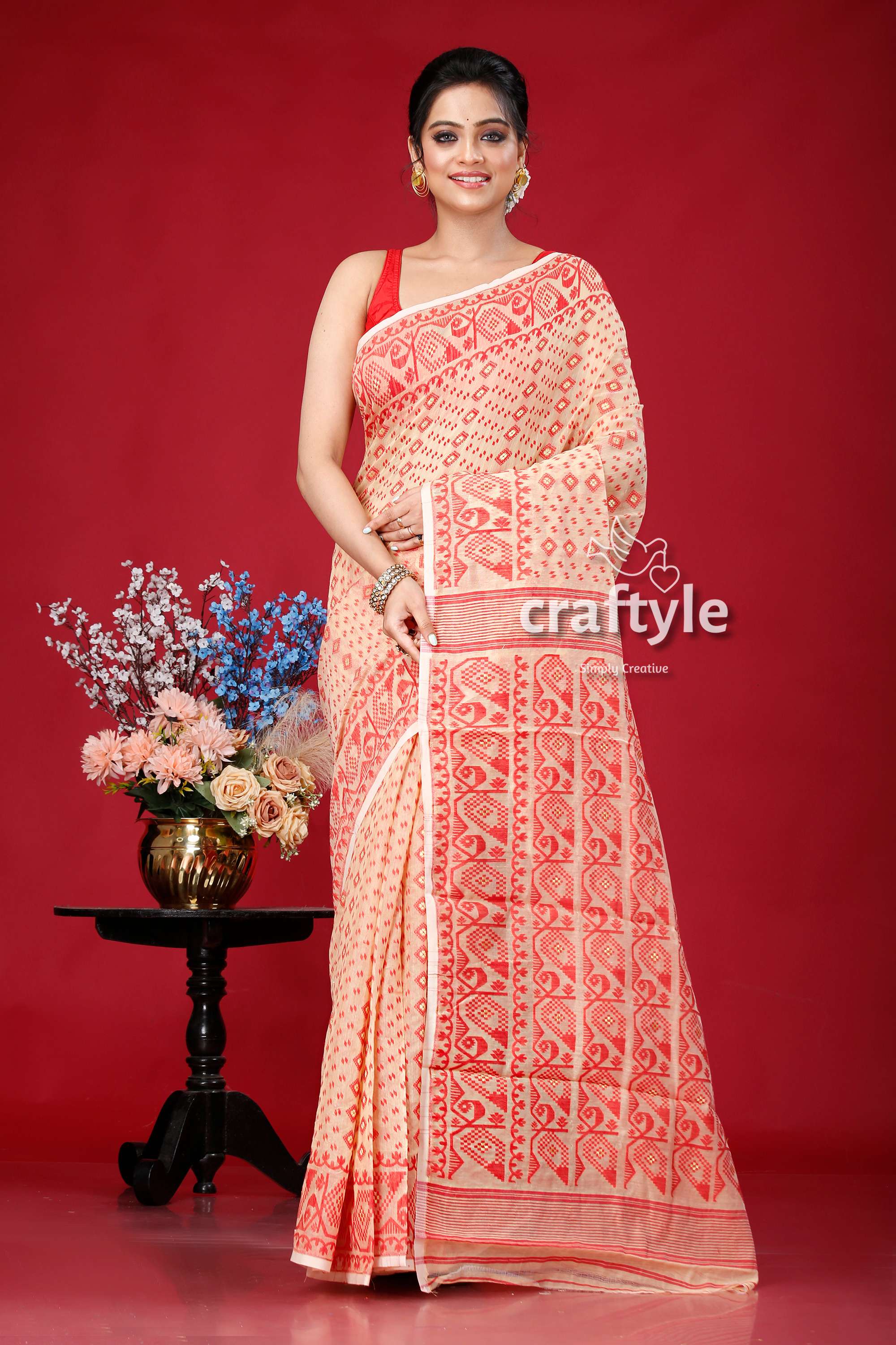 Almond Red Traditional Jamdani Saree - Craftyle