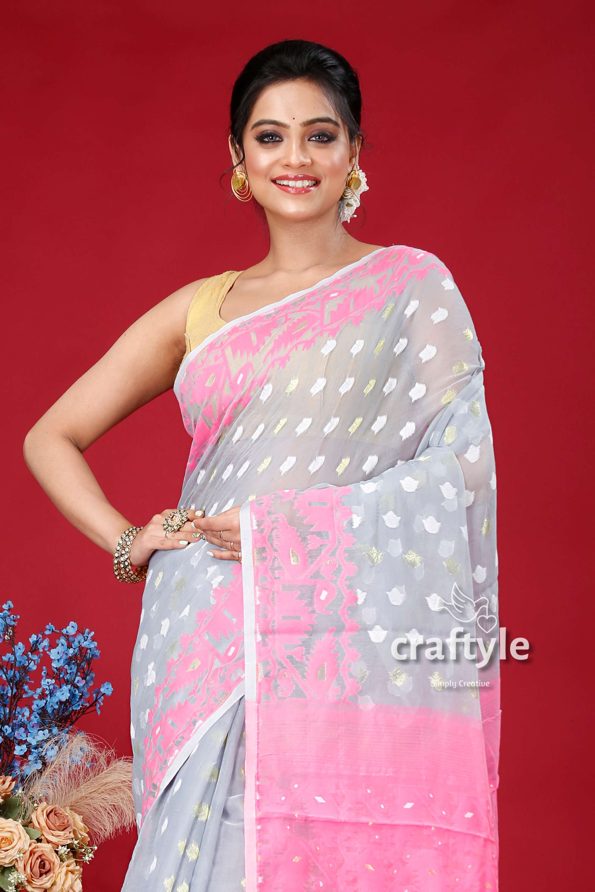 Amaranth Pink and Grey Bengal Handloom Jamdani Saree - Craftyle