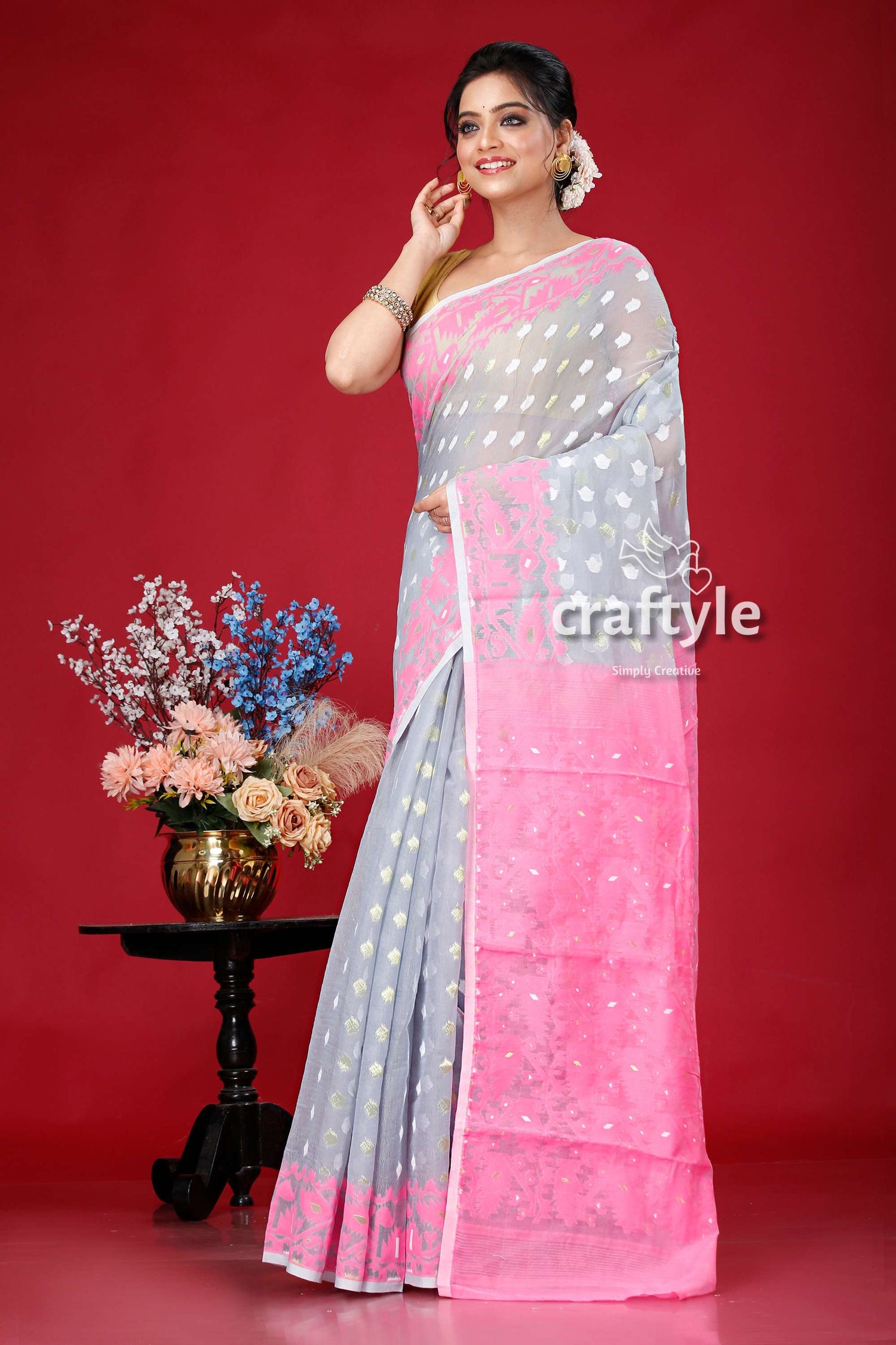 Amaranth Pink and Grey Bengal Handloom Jamdani Saree - Craftyle