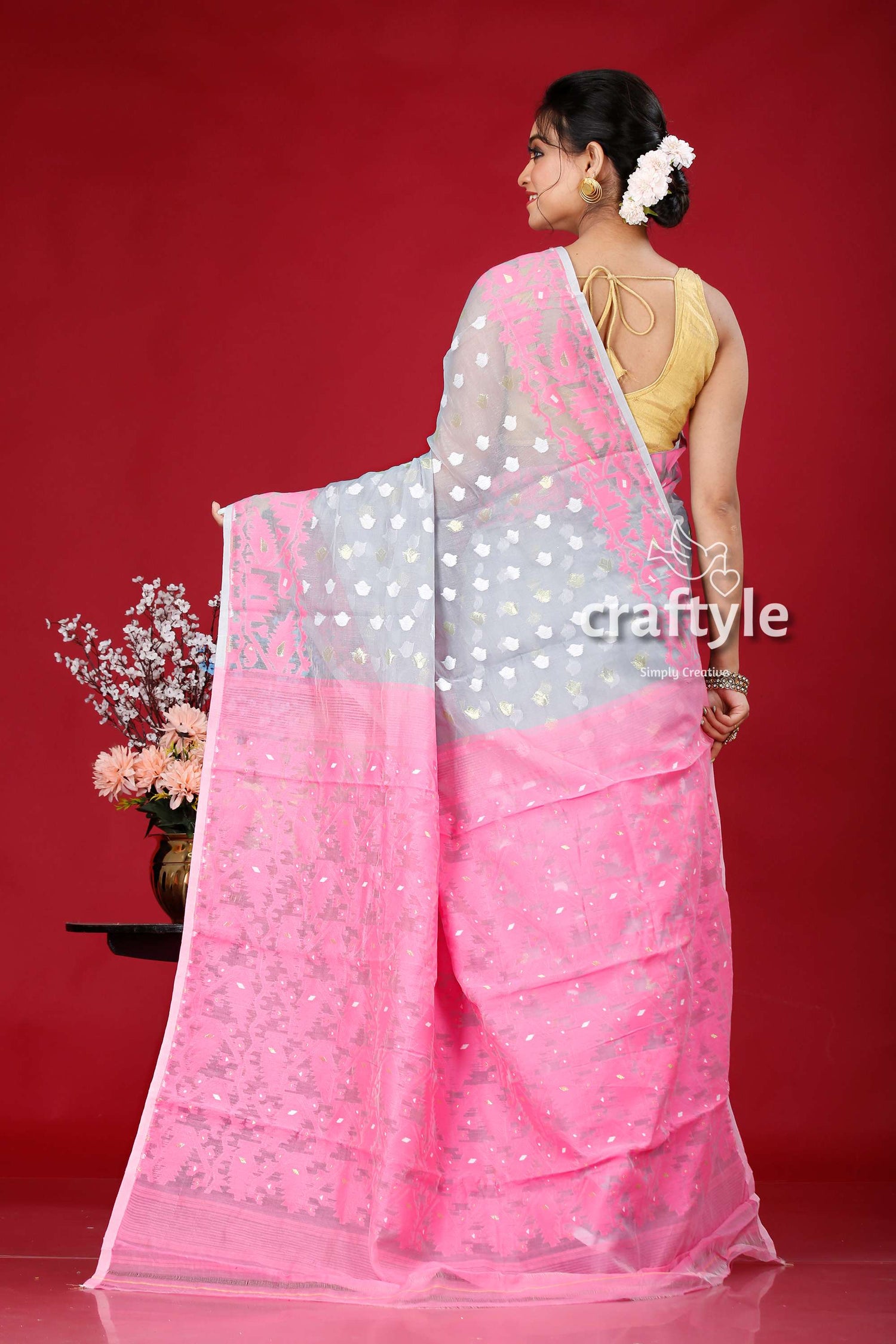 Amaranth Pink and Grey Bengal Handloom Jamdani Saree - Craftyle