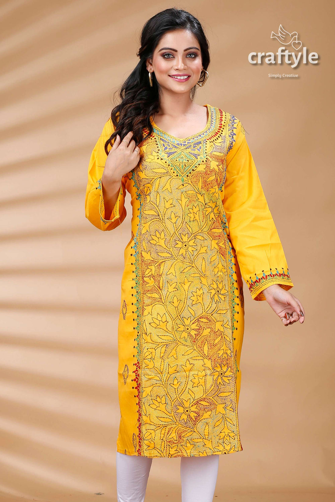 Amber Yellow Reverse Kantha Work Cotton Kurti - Craftyle