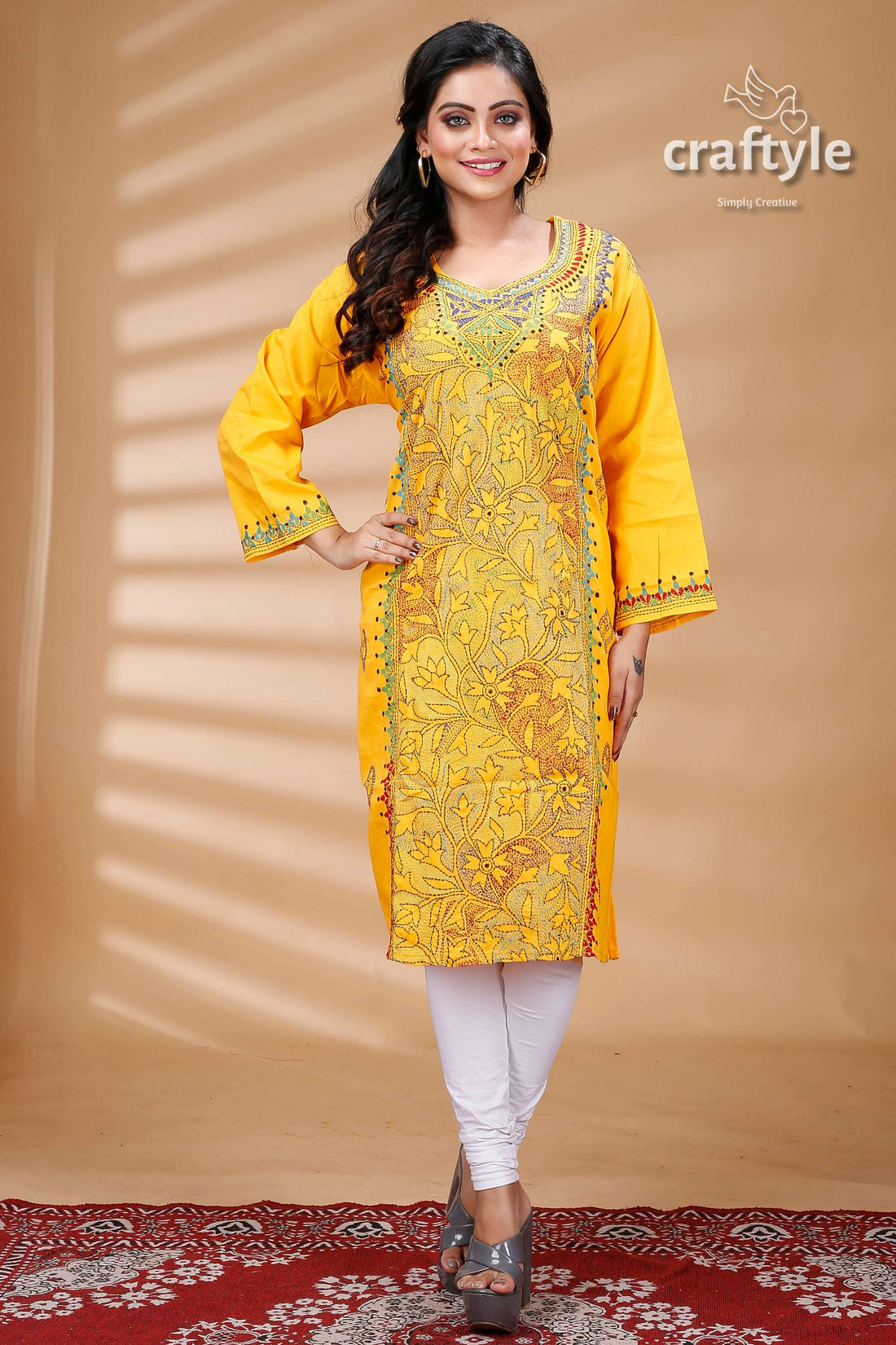 Amber Yellow Reverse Kantha Work Cotton Kurti - Craftyle