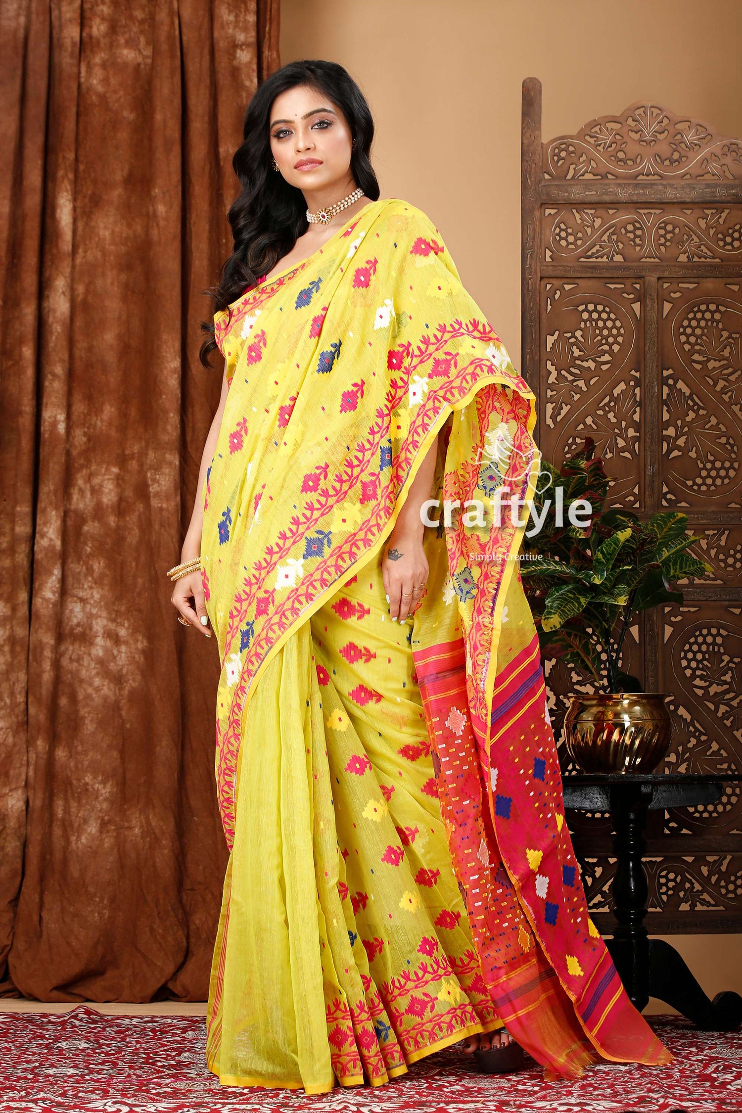 Android Green and Magenta Elegant Jamdani Saree - Craftyle