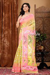 Android Green and Pink Jamdani Weave Saree - Craftyle