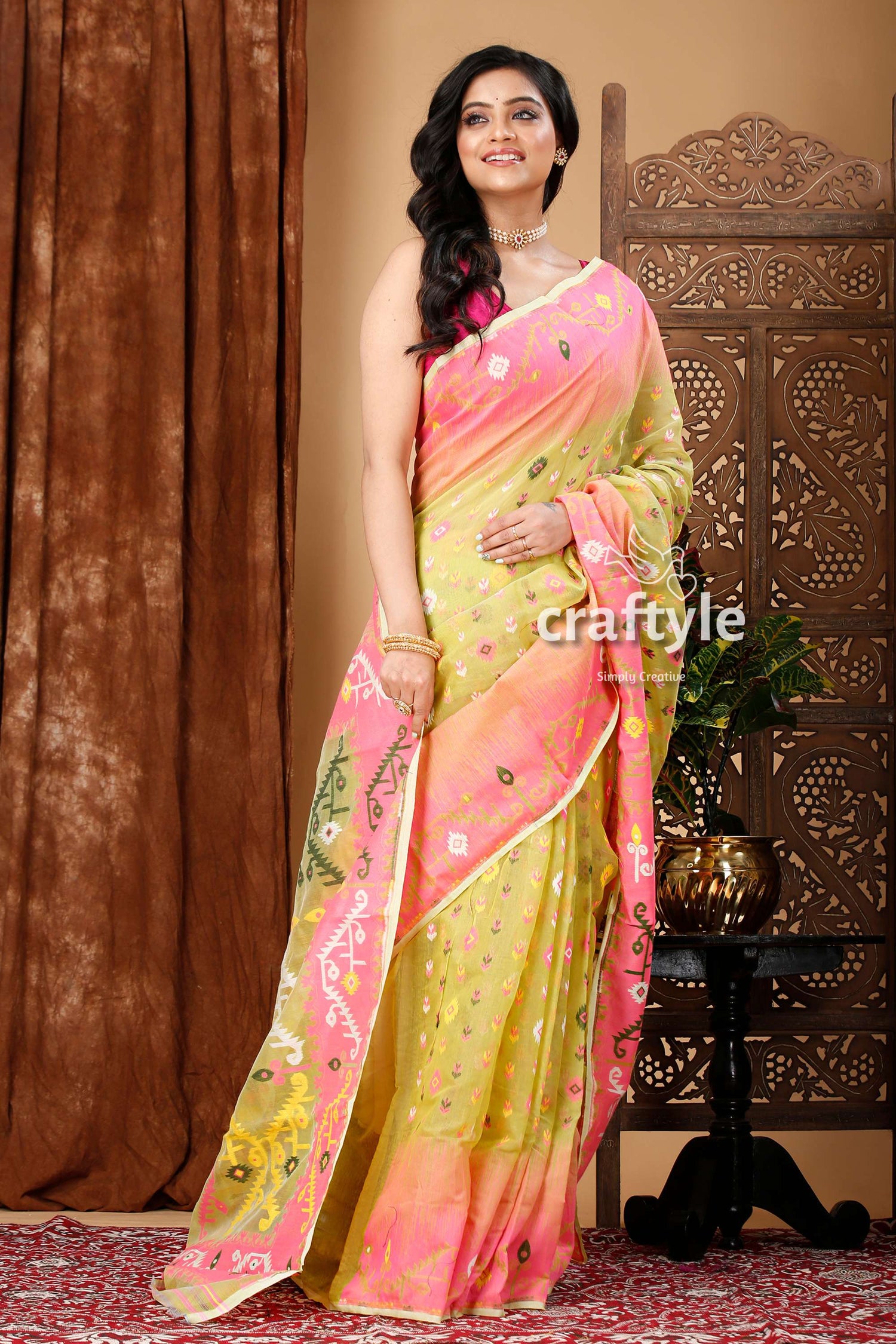 Android Green and Pink Jamdani Weave Saree - Craftyle