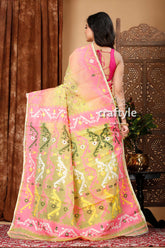 Android Green and Pink Jamdani Weave Saree - Craftyle