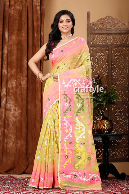 Android Green and Pink Jamdani Weave Saree - Craftyle