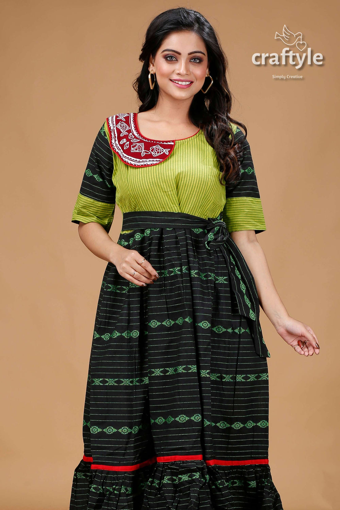 Apple Green and Black Designer Cotton Gown with Handpainting - Craftyle