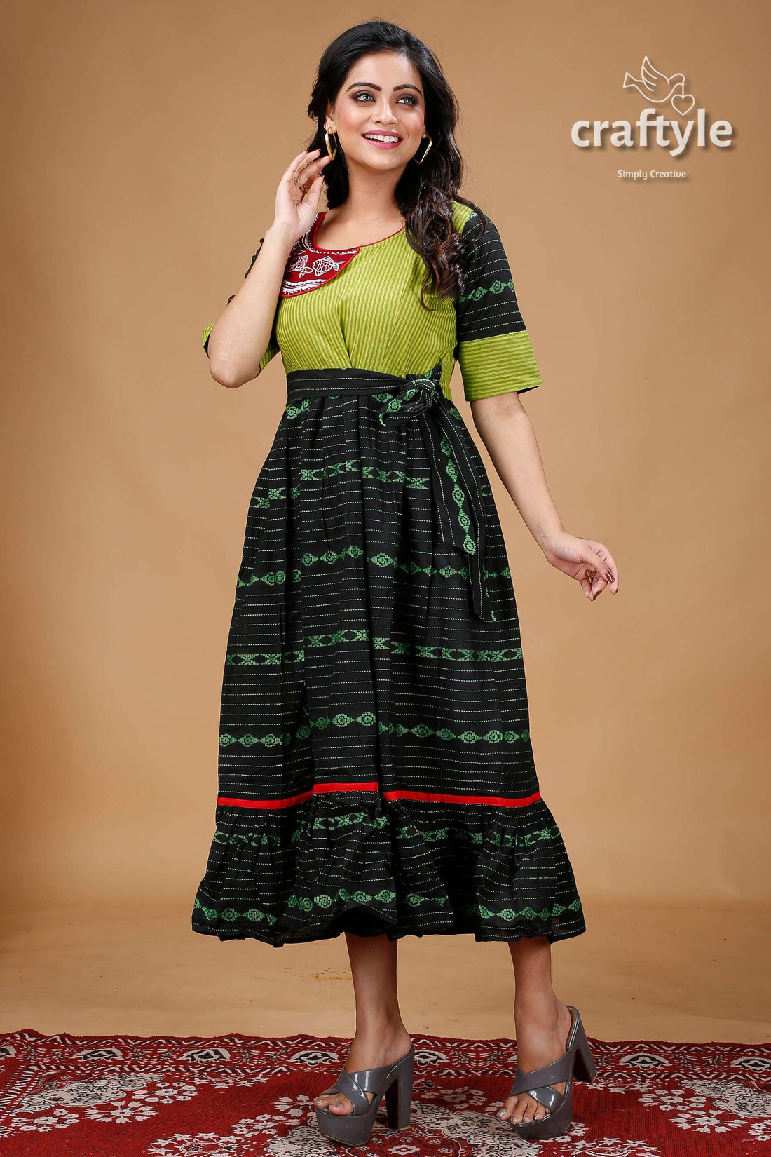 Apple Green and Black Designer Cotton Gown with Handpainting - Craftyle