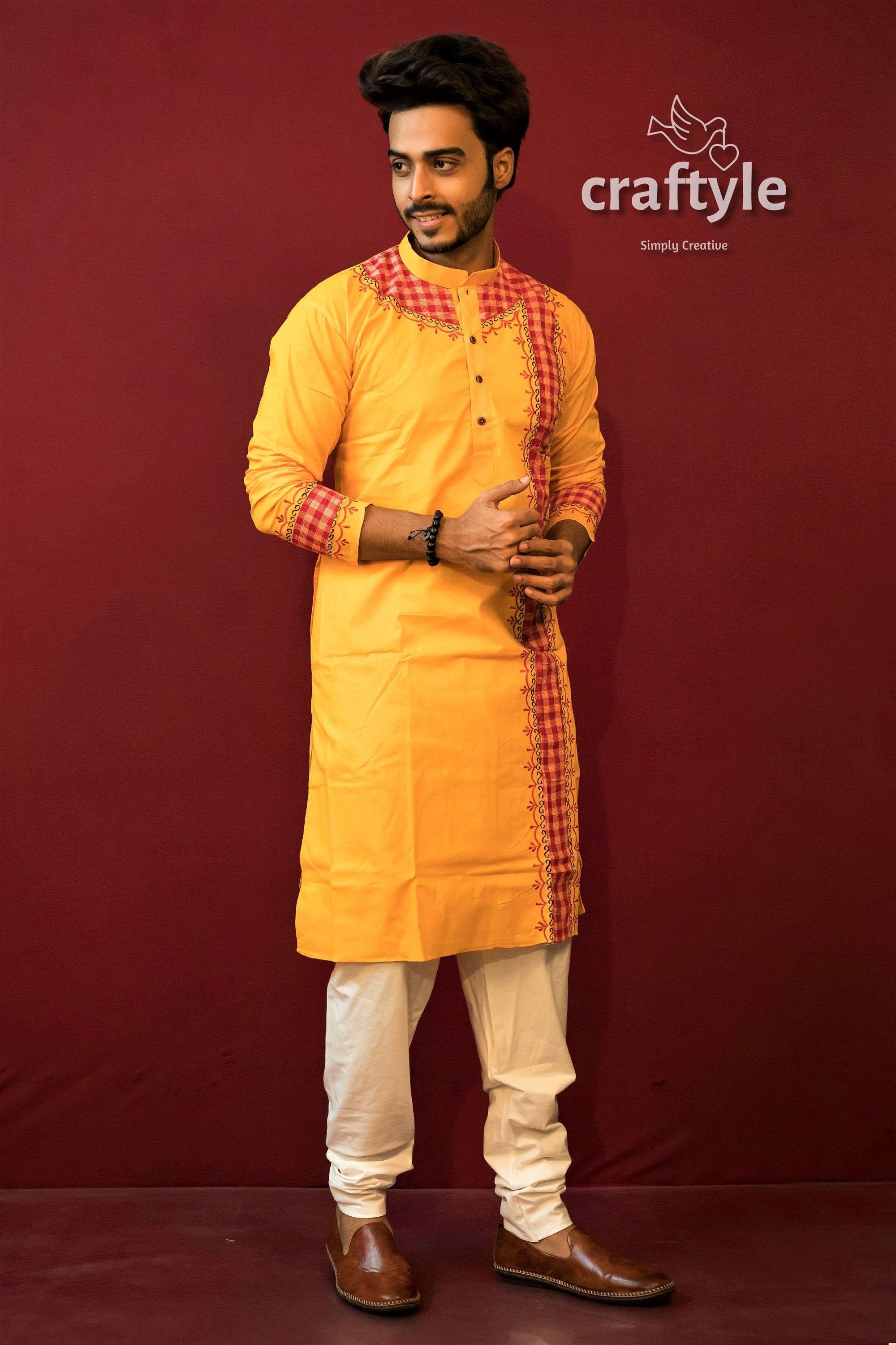 Applique Design Mens Embroidered Kurta Marigold Yellow Red