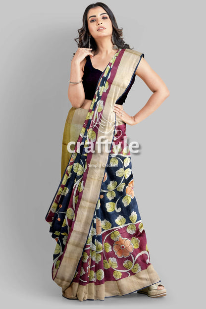 Artisan-crafted Light Plum Pure Tussar Kalamkari Saree with Zari Edges - Craftyle