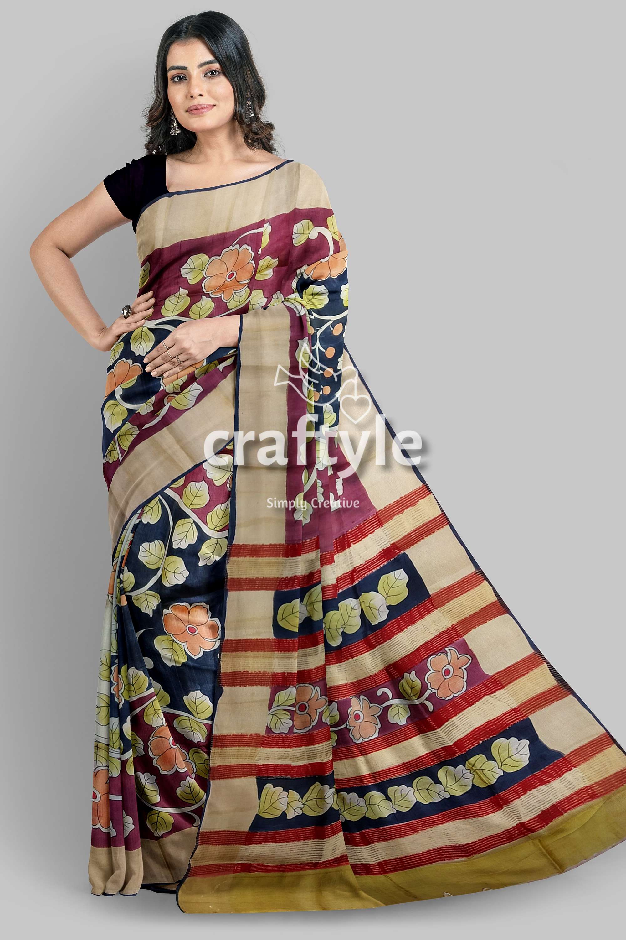 Artisan-crafted Light Plum Pure Tussar Kalamkari Saree with Zari Edges - Craftyle