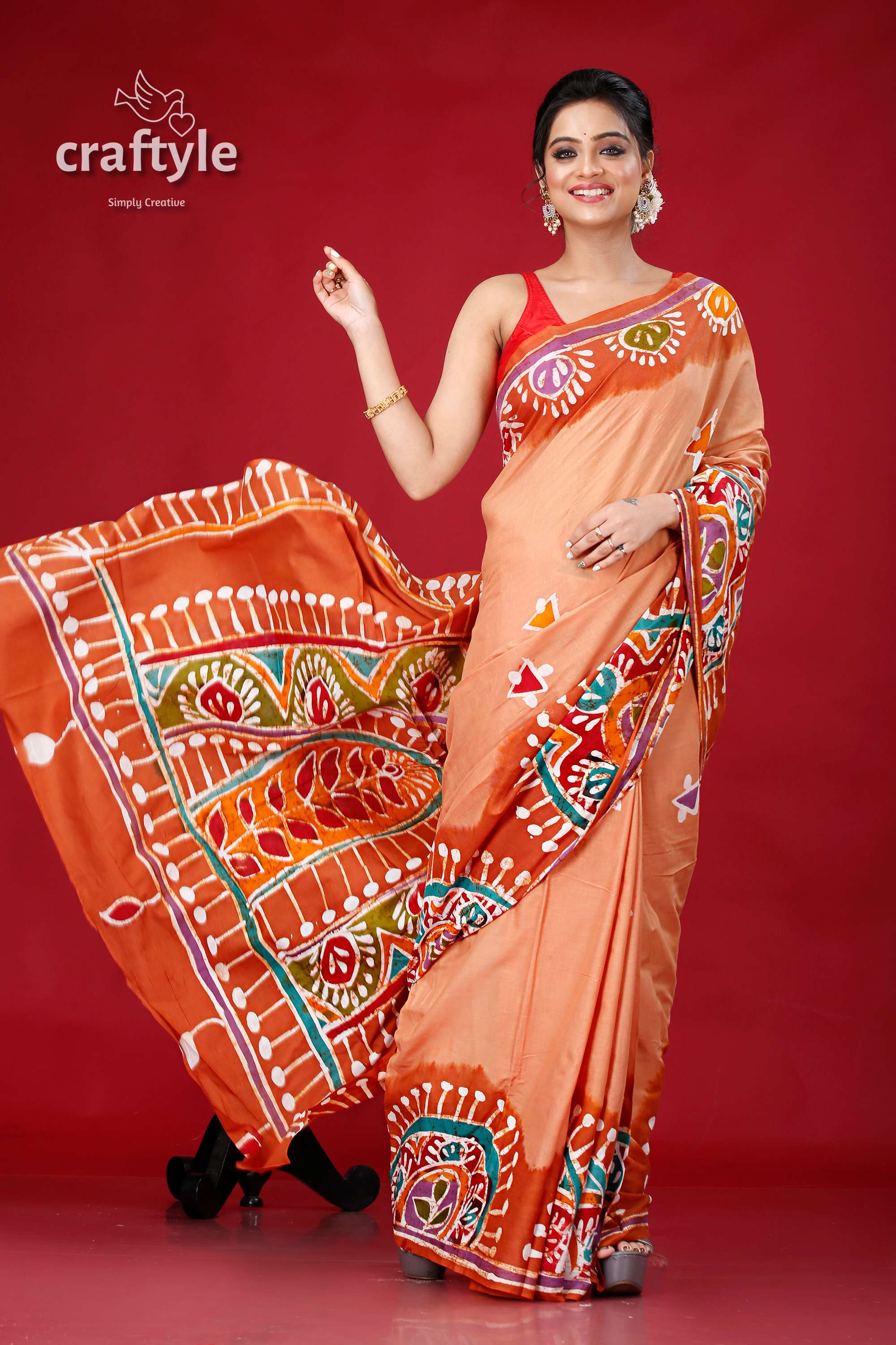 Artisan Made Batik Pure Cotton Saree - Alpana Design - Craftyle