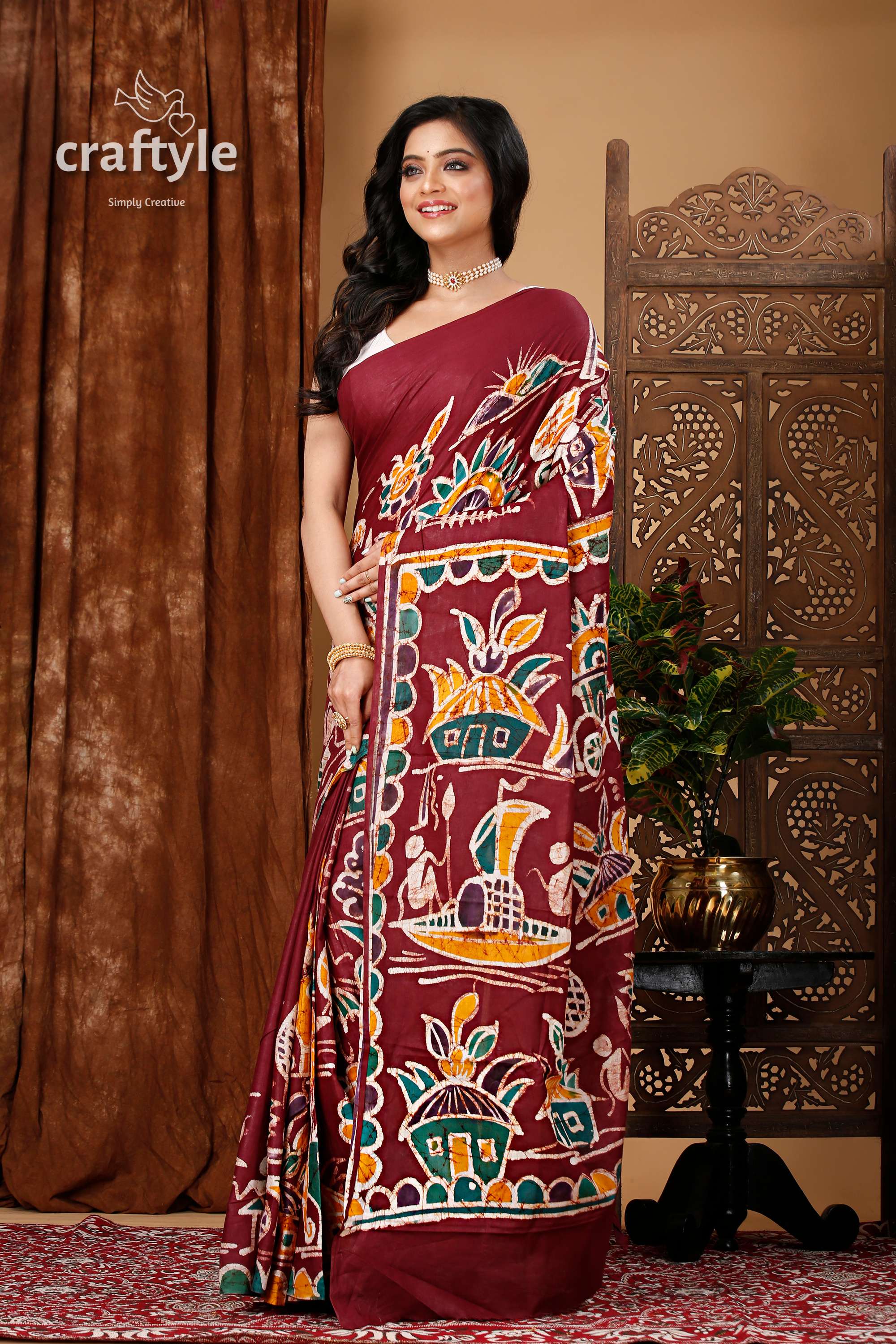 Artisanal Hand Painted Batik Pure Cotton Saree - Craftyle