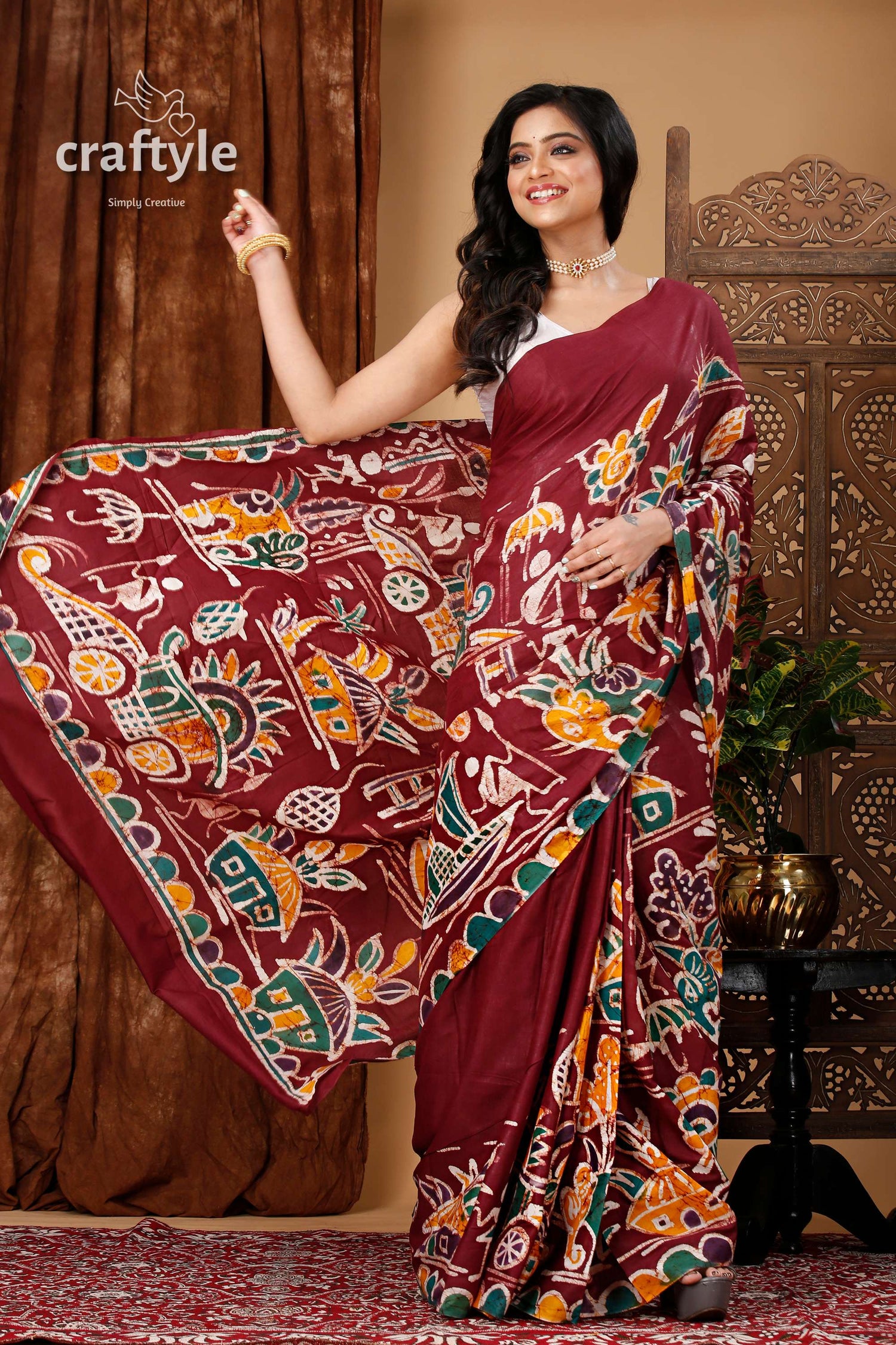 Artisanal Hand Painted Batik Pure Cotton Saree - Craftyle