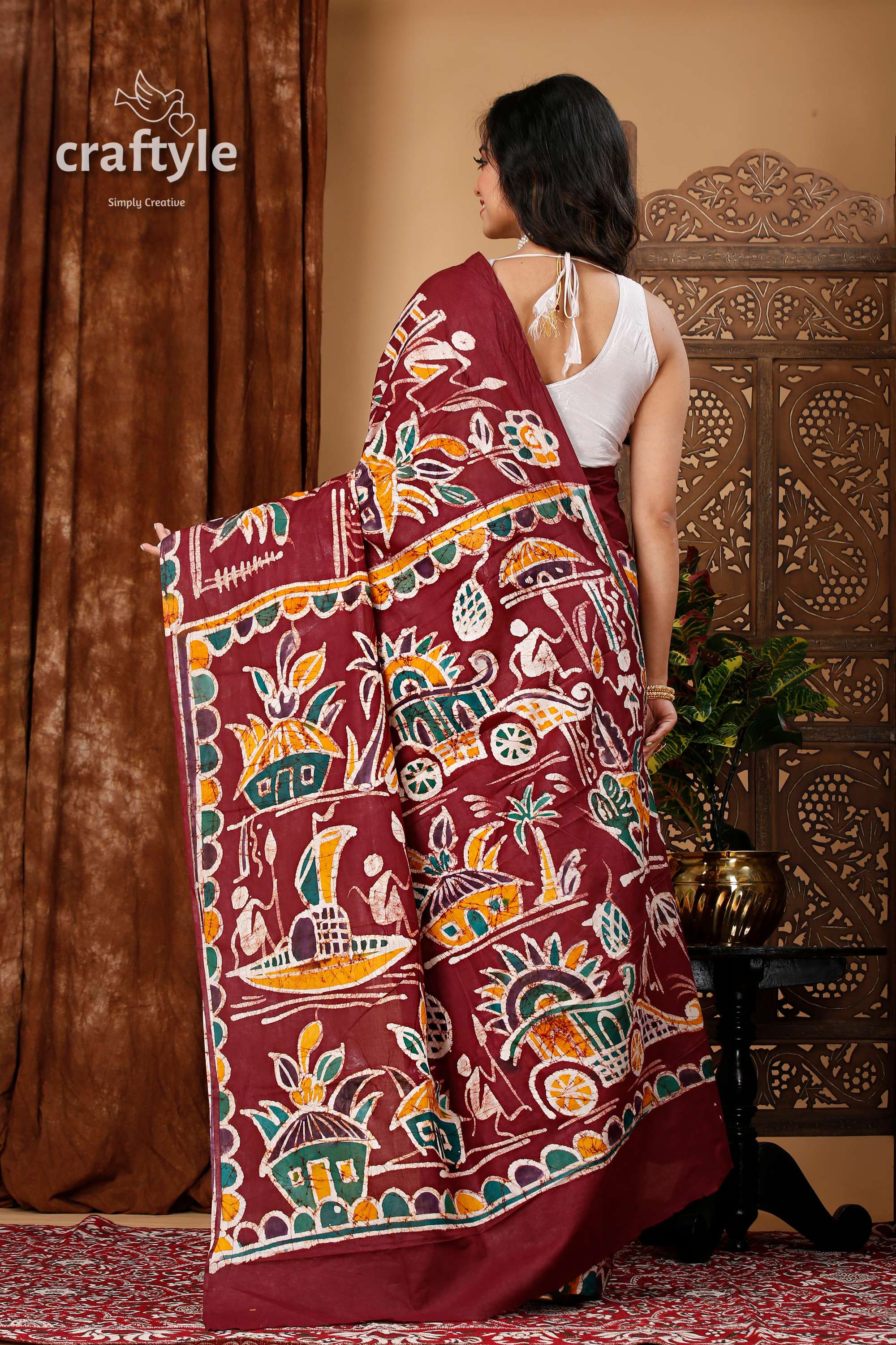 Artisanal Hand Painted Batik Pure Cotton Saree - Craftyle