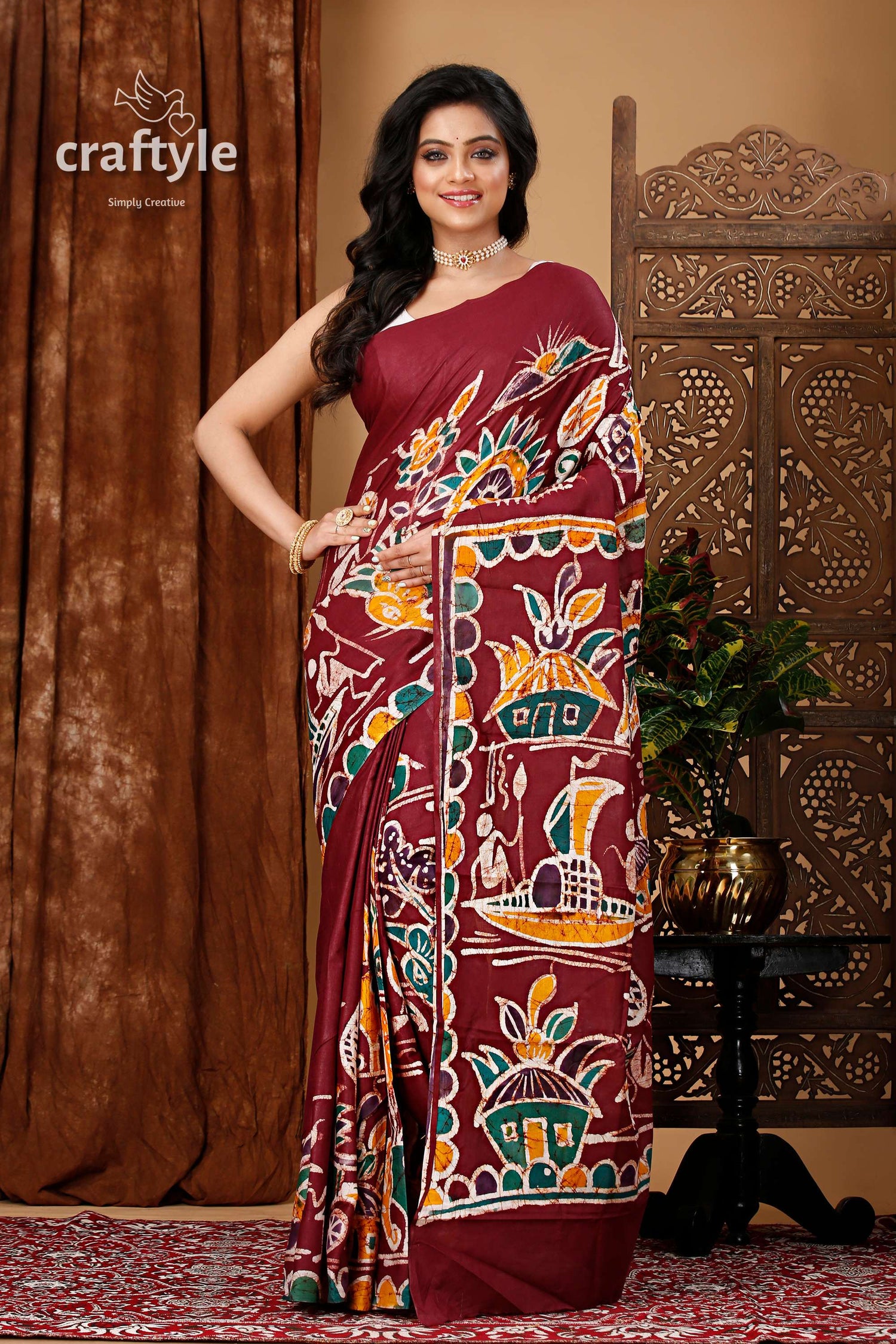 Artisanal Hand Painted Batik Pure Cotton Saree - Craftyle