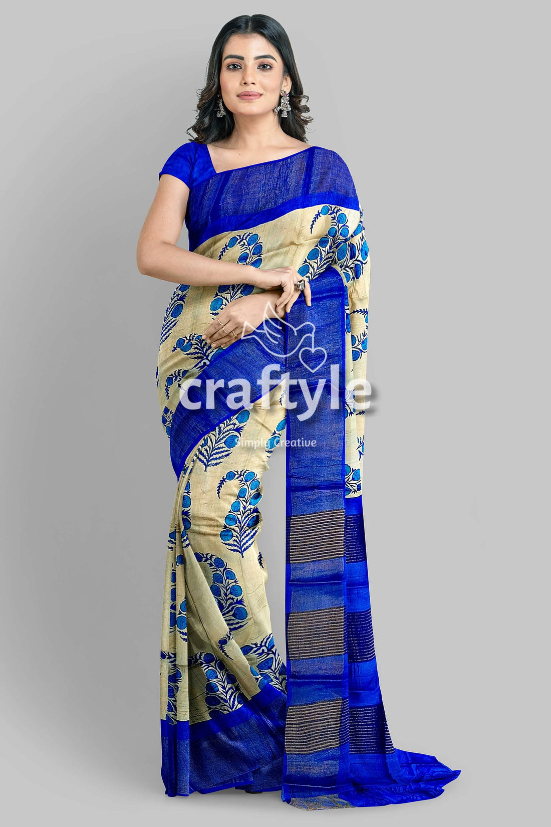 Azure Blue Cream Hand Block Print Zari Border Pure Tussar Saree - Craftyle