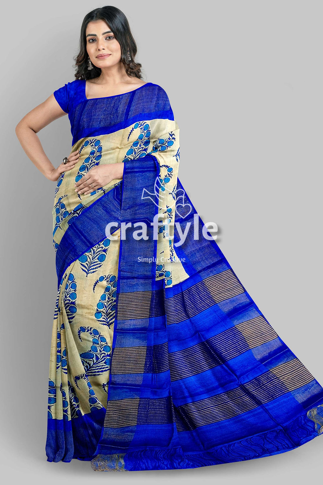 Azure Blue Cream Hand Block Print Zari Border Pure Tussar Saree - Craftyle