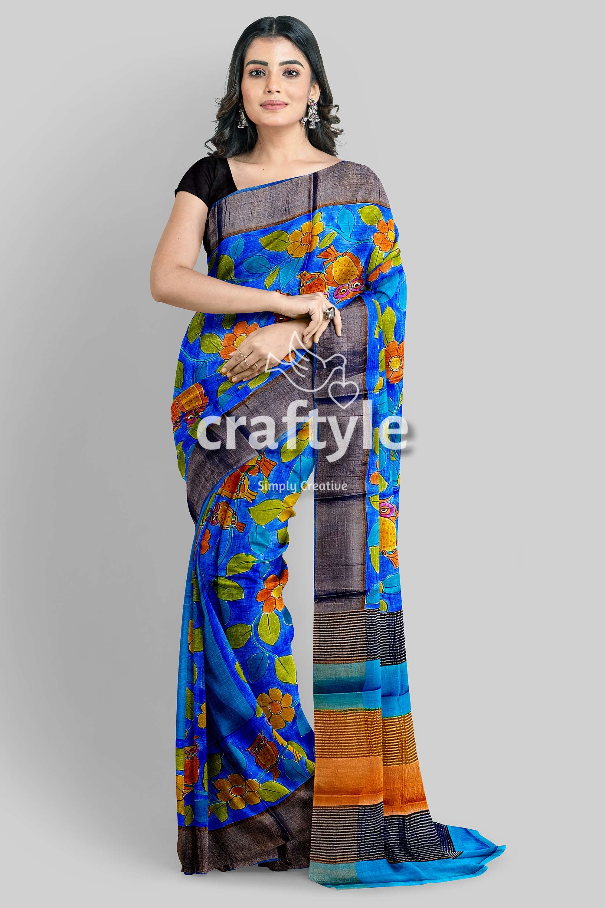 Azure Blue Pure Tussar Kalamkari Saree - Hand Painted with Zari Border - Craftyle