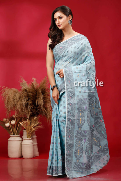 Bizzard Blue Premium Bengal Cotton Jamdani Saree - Craftyle