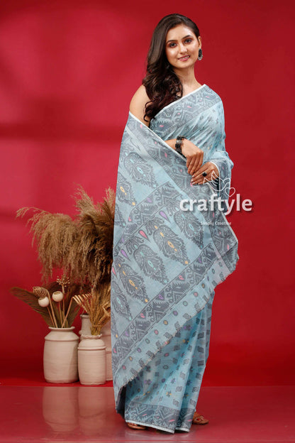 Bizzard Blue Premium Bengal Cotton Jamdani Saree - Craftyle