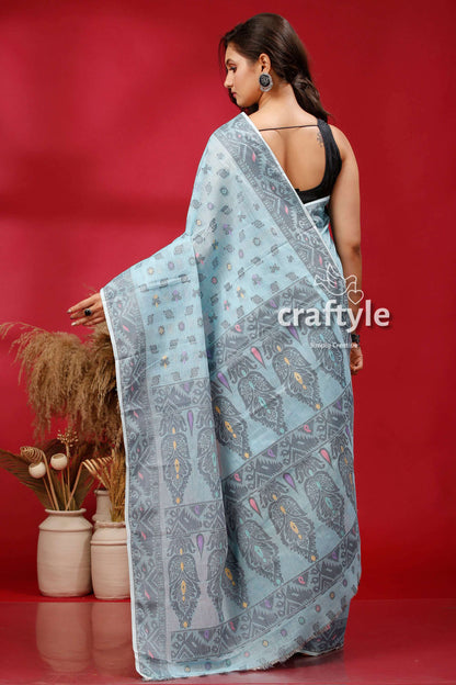 Bizzard Blue Premium Bengal Cotton Jamdani Saree - Craftyle