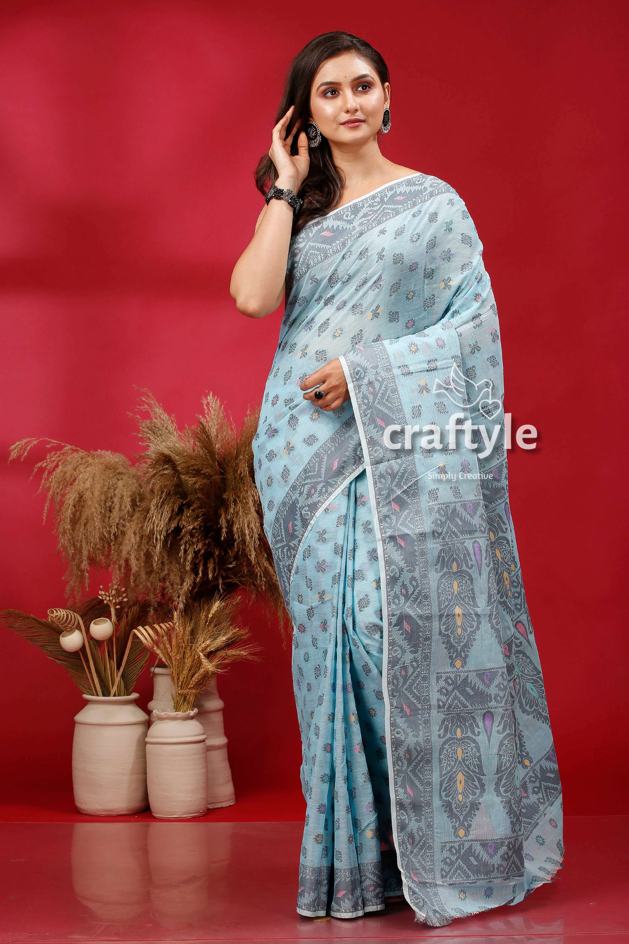 Bizzard Blue Premium Bengal Cotton Jamdani Saree - Craftyle