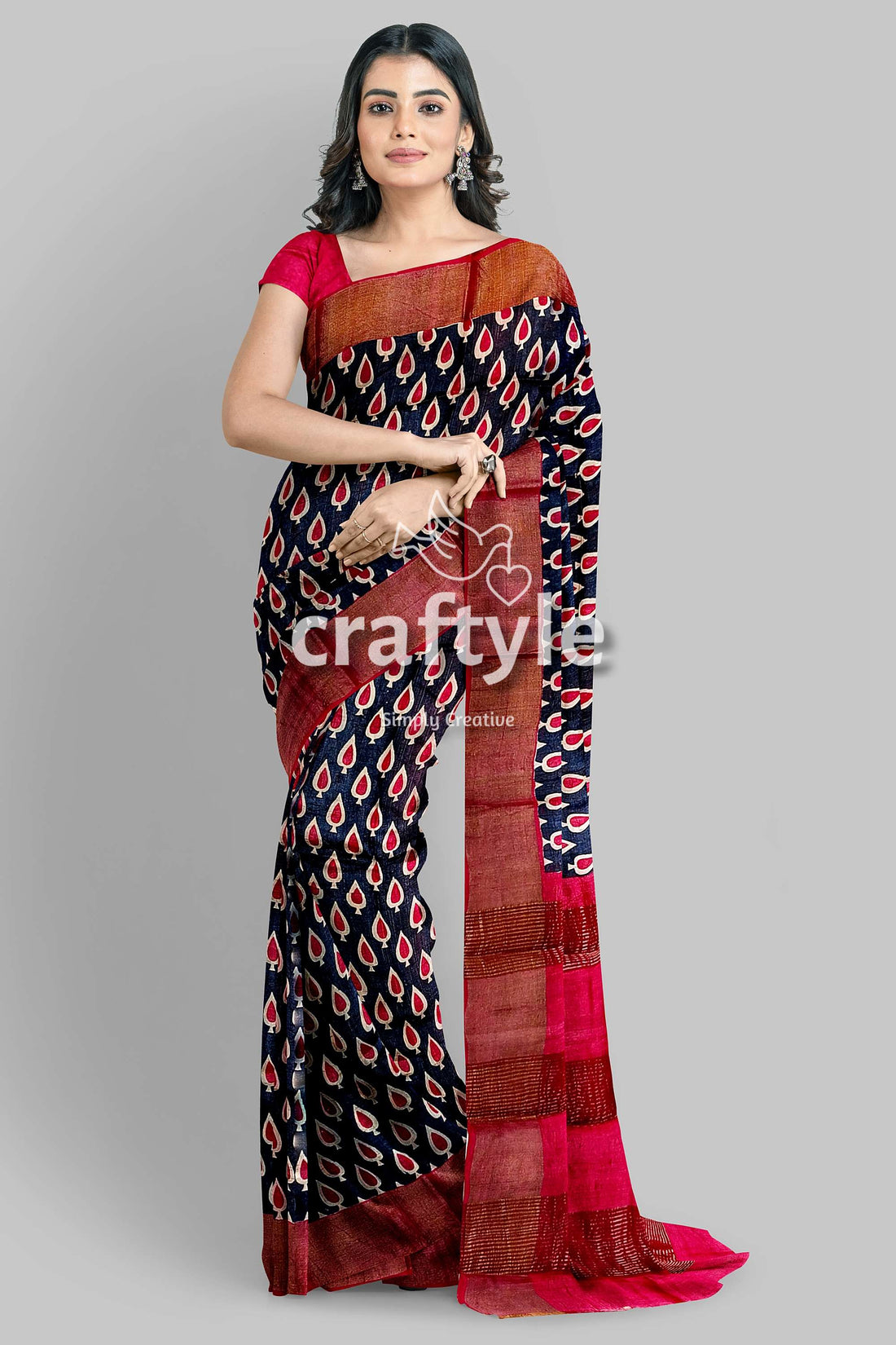 Black and Red Hand Block Printed Pure Tussar Silk Saree with Zari Border - Craftyle